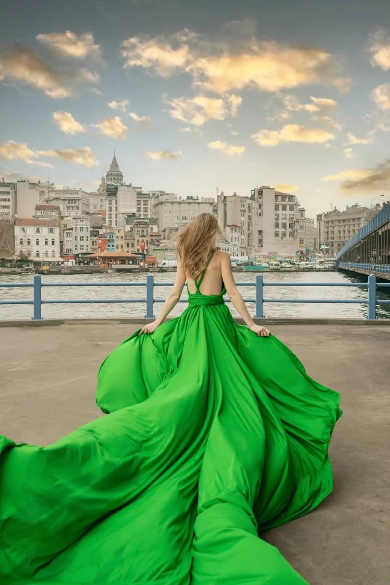 Elegant Long Satin Maxi Dress for Women - Infinity Flow Dress with Train for Photoshoots, Baby Showers & Santorini Vacations | Flowy Flying Photoshoot Dress for Special Occasions