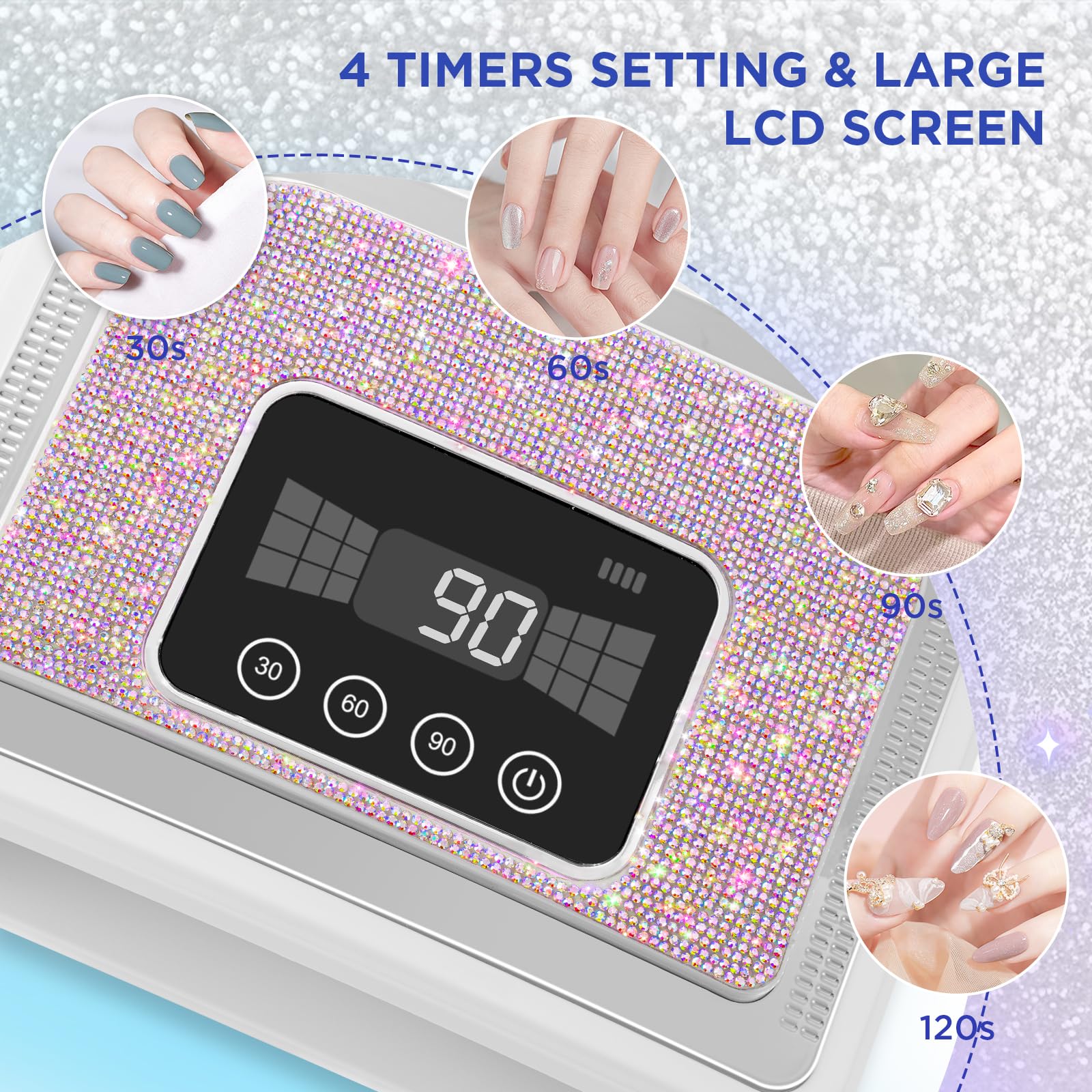 120W Cordless UV LED Nail Lamp for Gel Nails - Rechargeable with 4 Timer Modes & Sparkling Rhinestone Design | Perfect for Home Manicures, Salon Nail Art & Gel Polish Curing