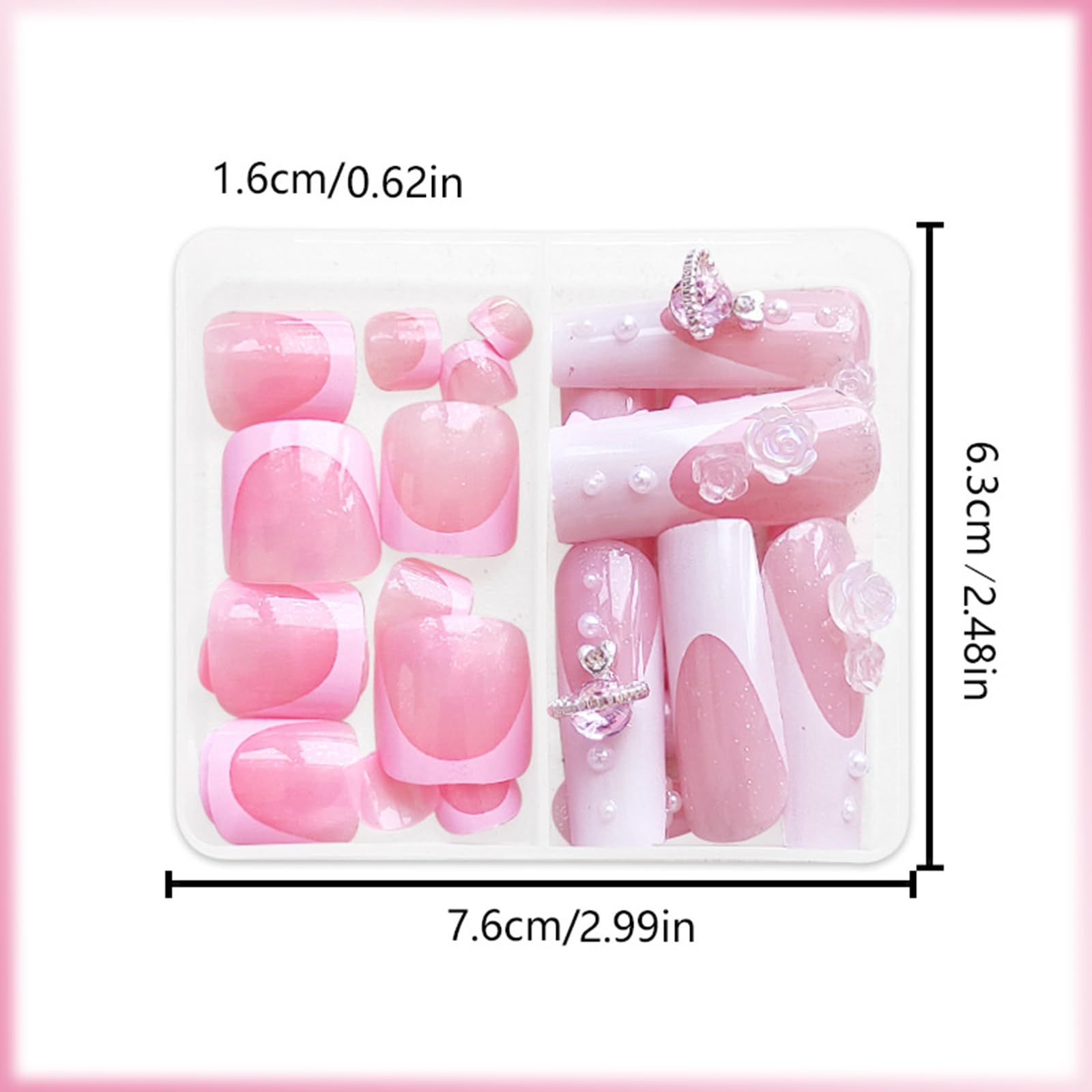 48Pcs French Tip Press on Nails with 3D Flower & Bow Design - Glossy Acrylic Long Coffin Fake Nails with Pearls - Full Cover Stick on Nails for Women & Girls - Perfect for Parties, Weddings, and Special Occasions
