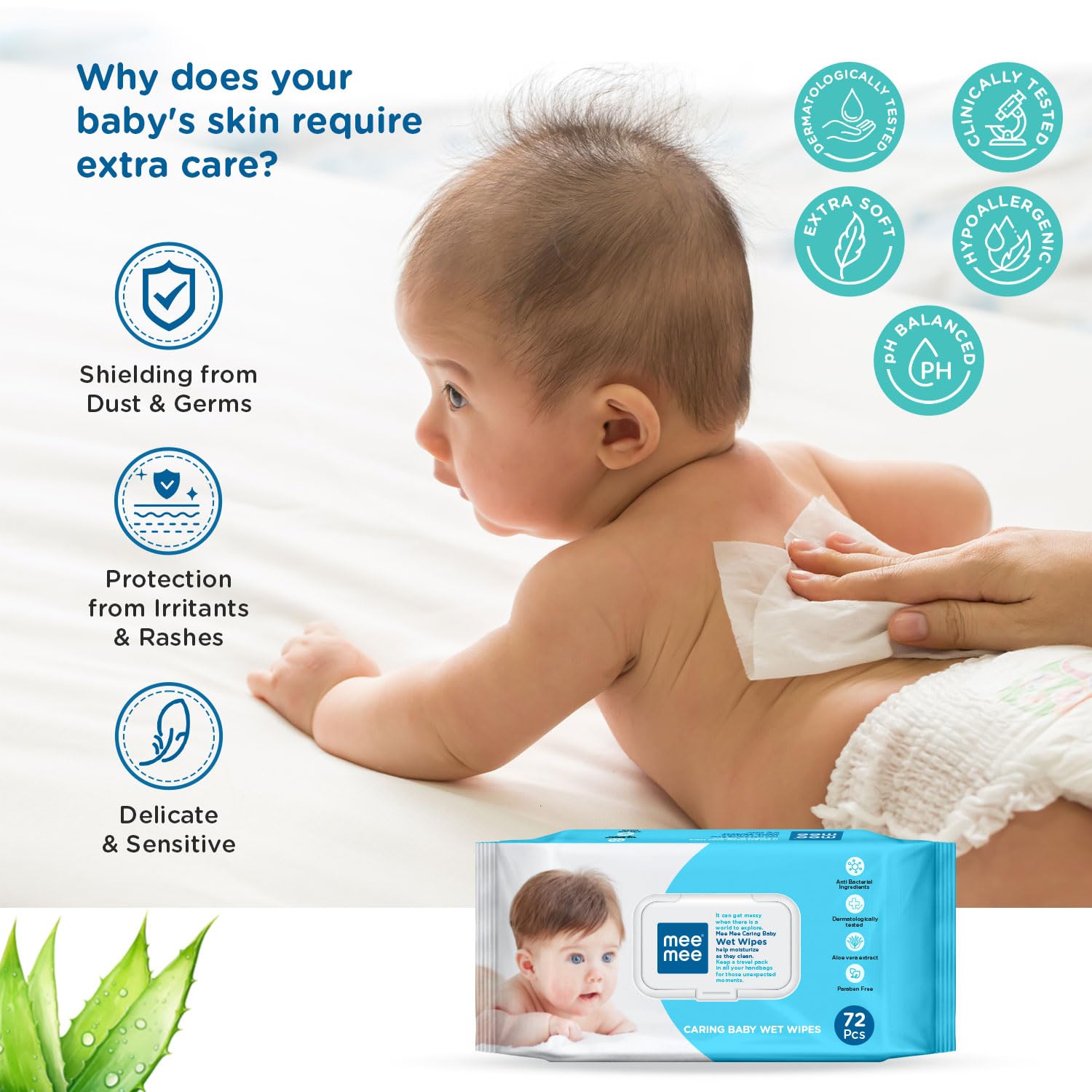 Mee Mee Caring Baby Wet Wipes with Lid - 72 Count (Aloe Vera, 3-Pack) | Gentle & Hypoallergenic for Diaper Changes, Face & Hand Cleaning | Perfect for Travel, Nursery & On-the-Go Use