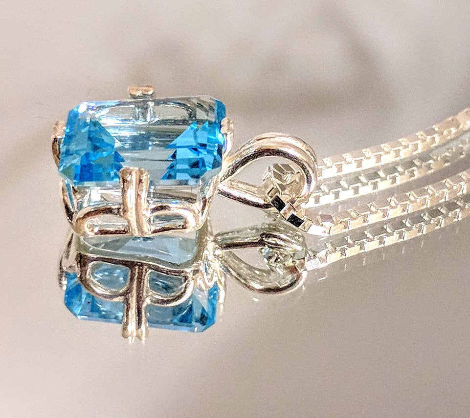 10x8mm Emerald Cut Natural Swiss Blue Topaz Pendant with Chain - Solid Sterling Silver or 14K White/Yellow Gold - VVS Clarity - Valentine's Day Gift for Her - Perfect for Anniversary, Birthday & Special Occasions