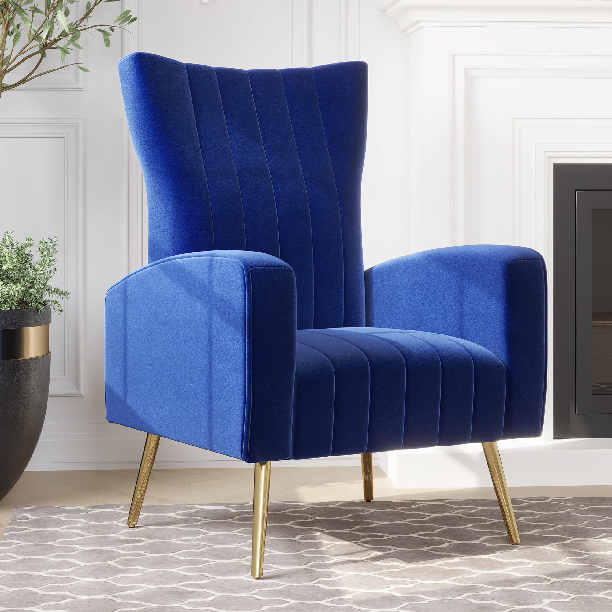 BELLEZE Navy Blue Velvet Accent Chair - Modern Wingback Upholstered Armchair with Metal Legs & Armrests for Living Room, Bedroom, Dressing Room | Stylish Comfort for Reading Nook, Makeup Vanity & Lounge Areas