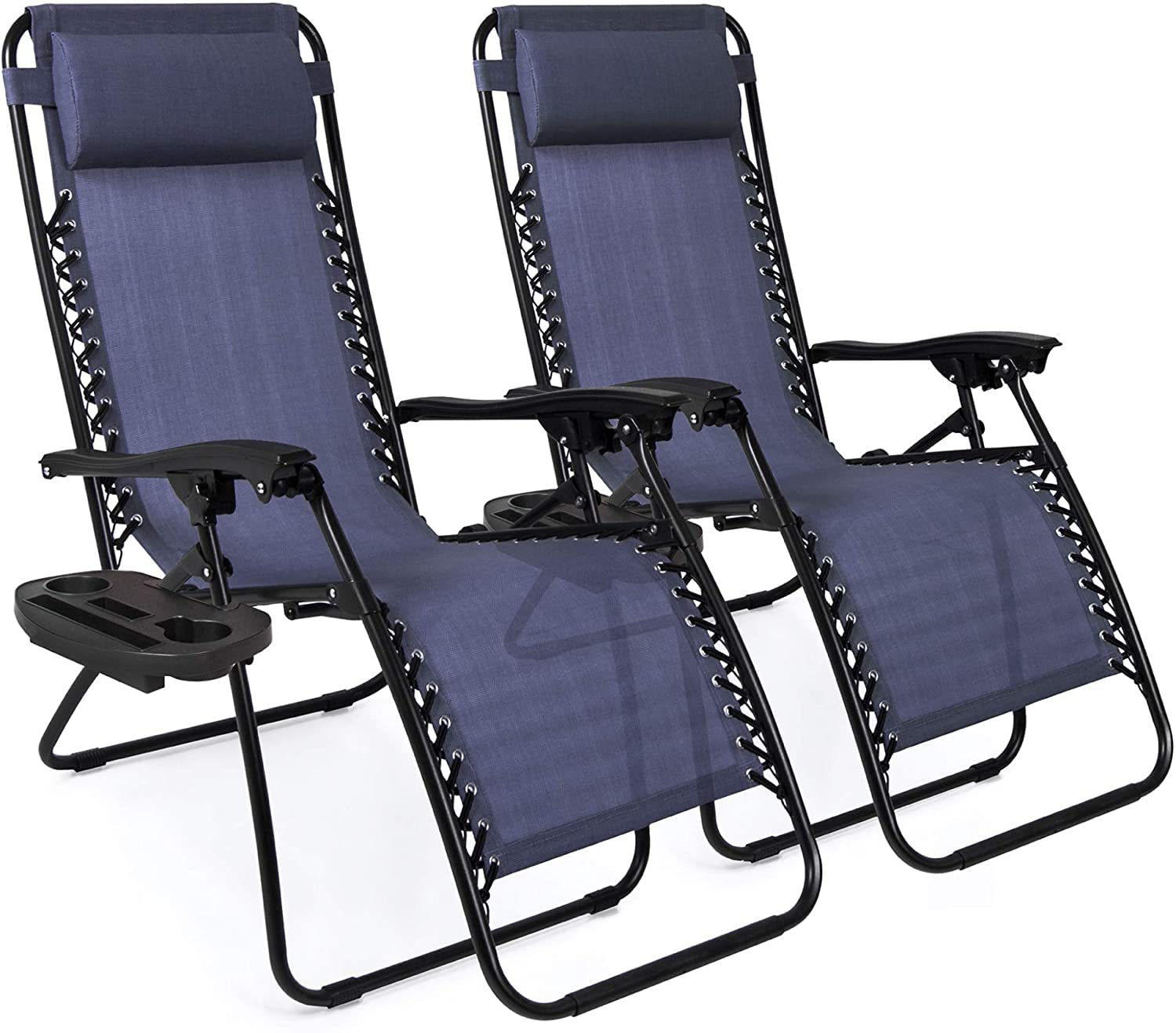 Zero Gravity Recliner Chairs Set of 2 with Pillow & Cup Holder - Adjustable Outdoor Lounge Chairs for Patio, Deck, Beach, Yard - Blue Folding Chairs for Relaxing, Sunbathing & Backyard Lounging