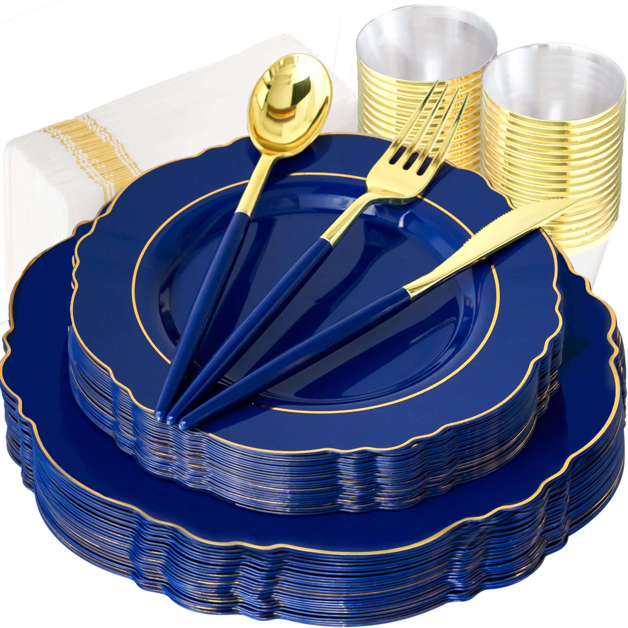 Premium Royal Blue Plastic Dinnerware Set - 175-Piece Navy Blue & Gold Disposable Plates for Parties, Weddings, Christmas & Special Events - Elegant Tableware for Birthday Celebrations, Bridal Showers & Holiday Gatherings