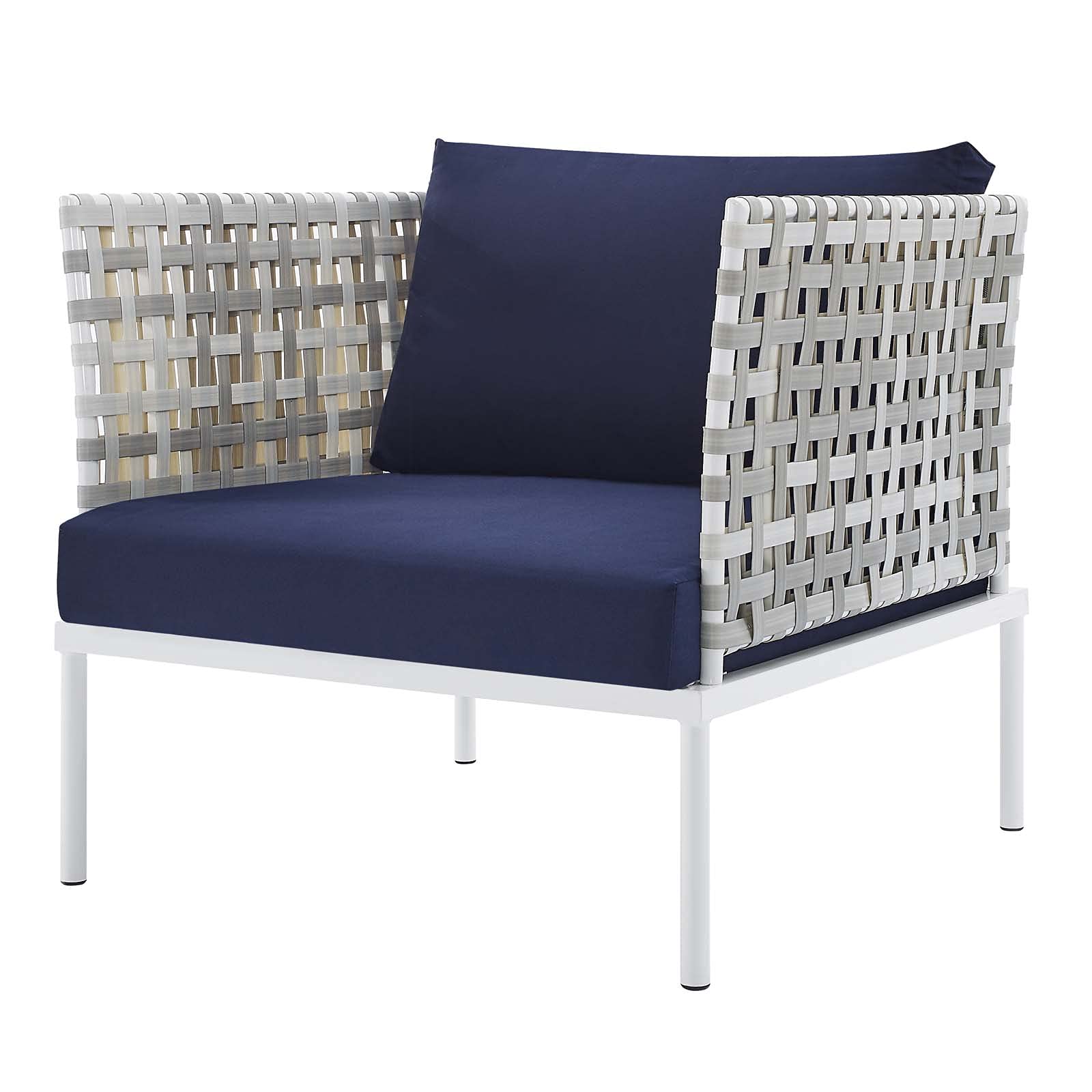 Modern Navy Blue Aluminum Lounge Sectional Sofa Set with Chair & Table - Outdoor Patio, Garden, Cafe & Poolside Furniture for Relaxing & Entertaining