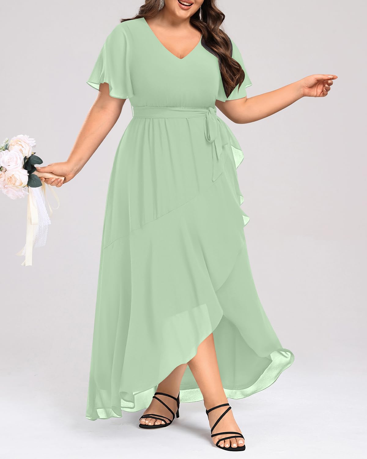 Elegant Plus Size Long Chiffon Dress with High-Low Hem & Ruffle Detail - Formal Evening Gown for Wedding Guest, Bridesmaid & Special Occasions | Perfect for Galas, Proms & Black Tie Events