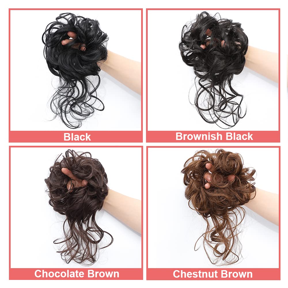 KETHBE Messy Bun Hair Piece - Tousled Updo Hair Extension with Elastic Band, Curly Hair Bun Scrunchie for Women (Brownish Black) - Perfect for Casual, Party & Everyday Hairstyles