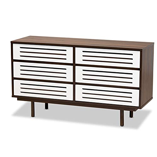 Baxton Studio Meike Mid-Century Modern 6-Drawer Dresser - Walnut Brown & White Two-Tone Wooden Chest - Perfect for Bedroom Storage & Contemporary Home Decor
