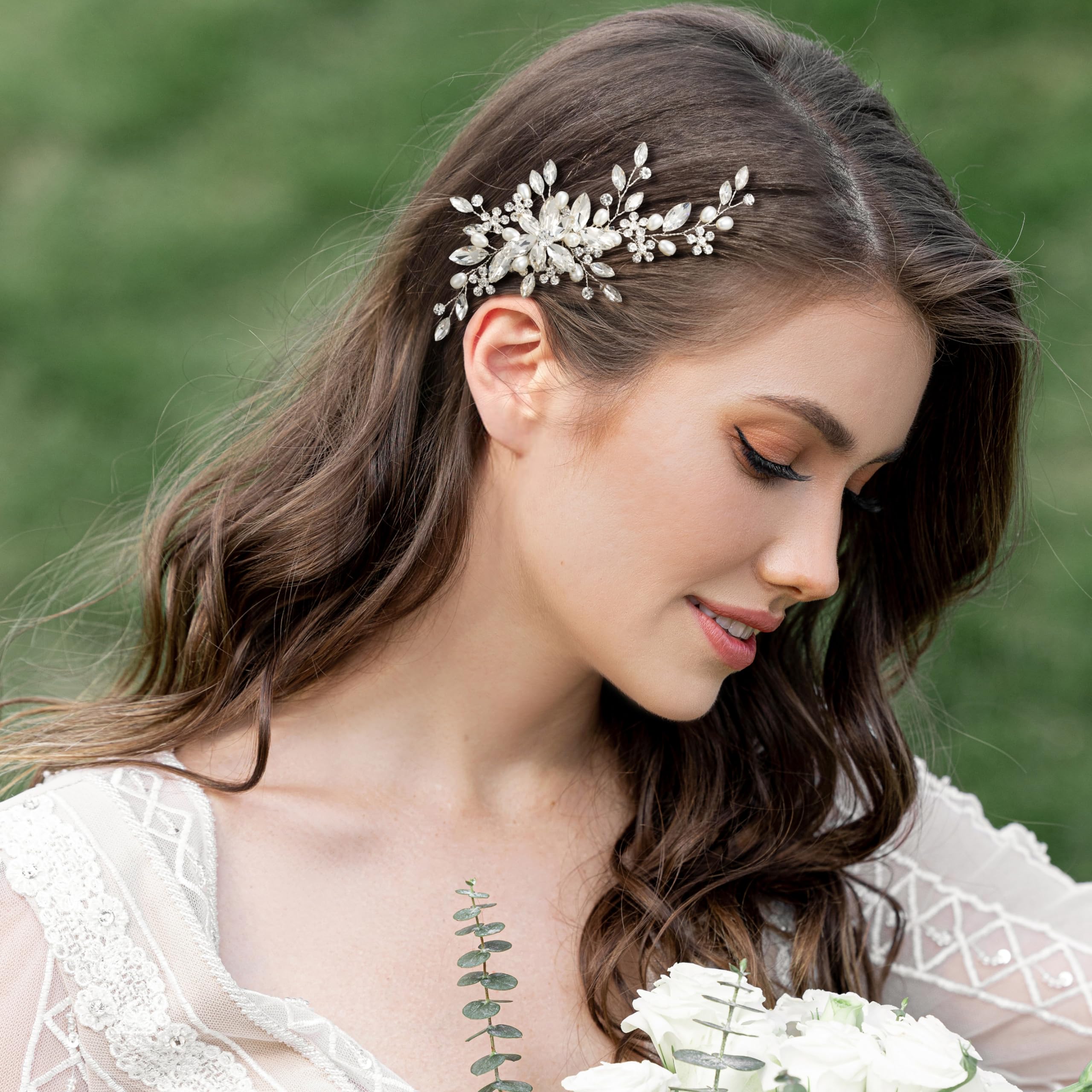 SWEETV Pearl Wedding Hair Comb - Rhinestone Bridal Hair Accessories for Women & Girls | Flower Hair Piece for Bride, Bridesmaids & Special Occasions