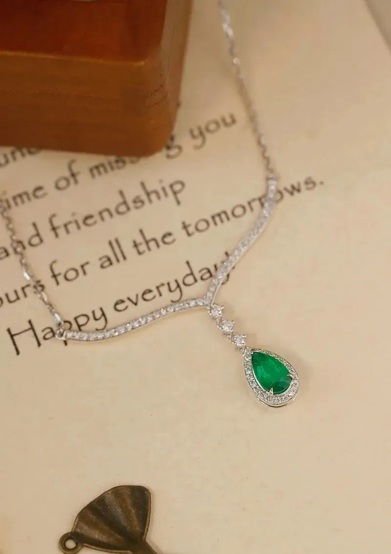 18K White Gold Diamond & Emerald Drop Necklace for Women - Elegant Water Drop Pendant, Real Natural Gemstone Jewelry for Parties, Weddings & Special Occasions