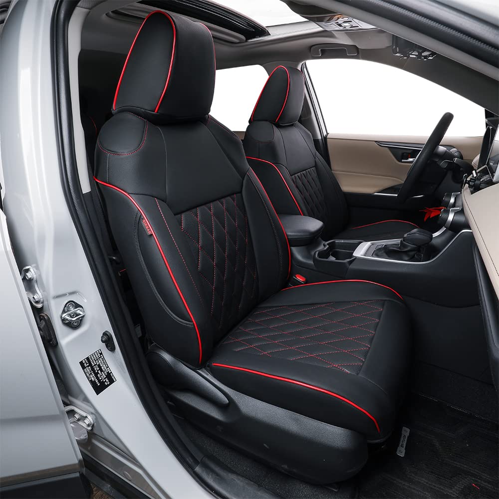 Premium Leather Car Seat Covers for Toyota RAV4 2019-2025 (LE/XLE/XLE Premium/Limited) - Custom Fit, Black with Red Piping - Full Set Protection for Commuting, Road Trips & Family Adventures