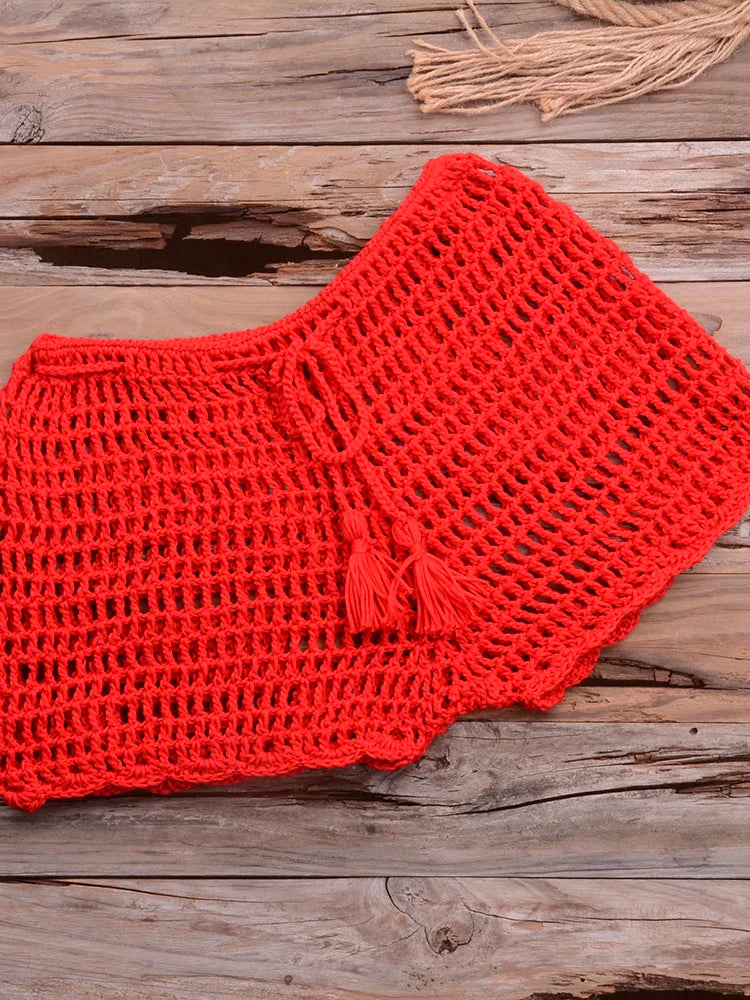 Crochet Hollow Out Tassel Beach Cover Up - Sexy Women's Mini Top Bikini Swimwear Bathing Suit Cover Up for Summer Vacation, Pool Party & Beach Day