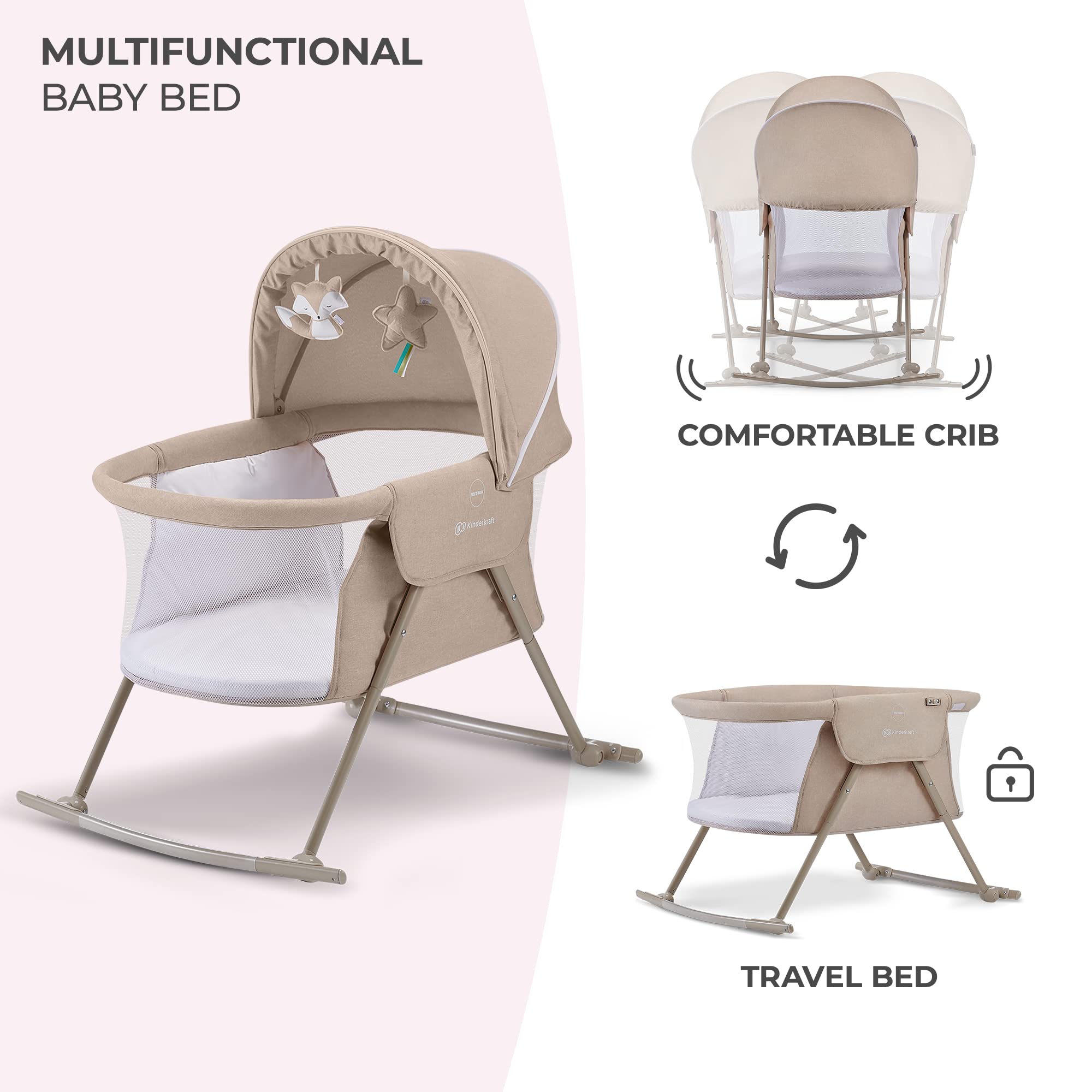 Kinderkraft LOVI Portable Travel Bassinet for Babies - Foldable Baby Bed with Built-in Mosquito Net, Adjustable Hood & Cradle Function - Beige | Perfect for Travel, Camping & Home Use