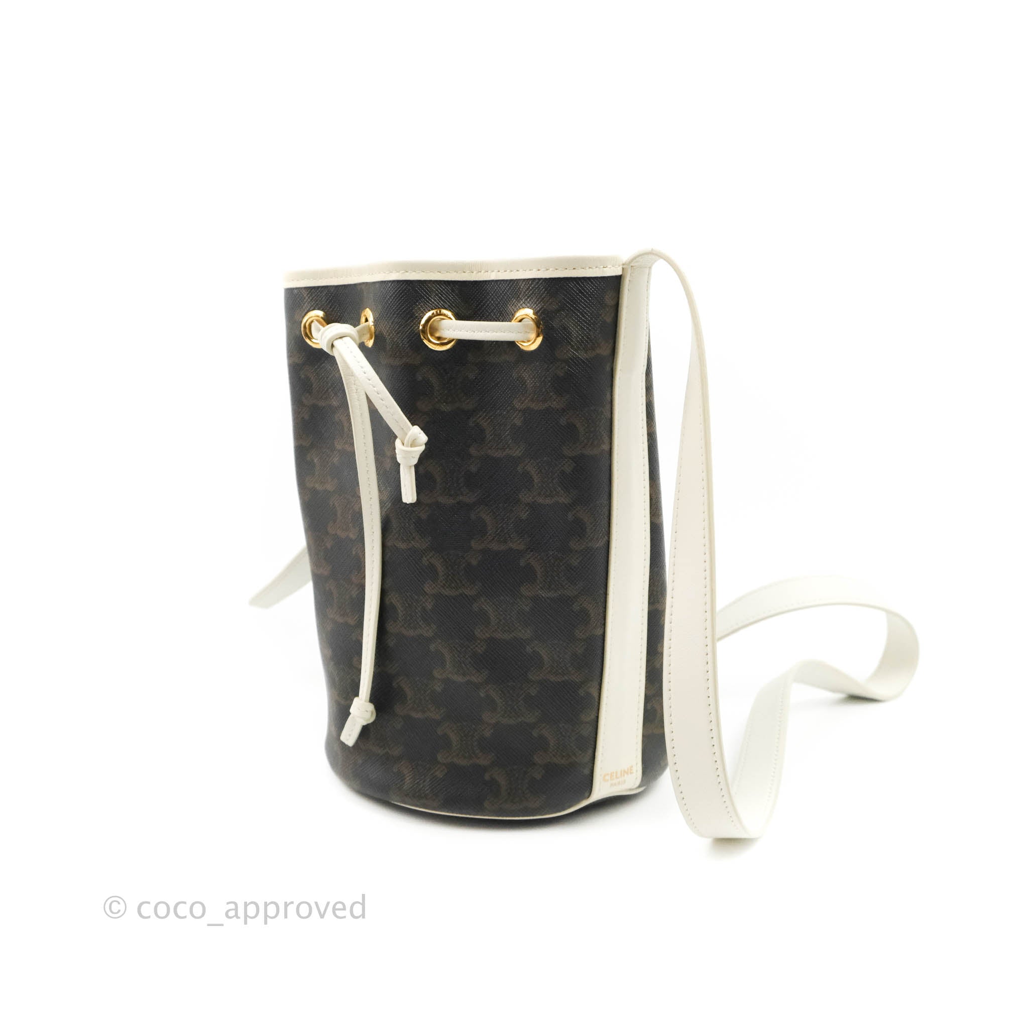 Celine Small Drawstring Bag Triomphe Canvas White Calfskin Leather Crossbody Purse for Women | Luxury Designer Handbag for Everyday Use & Special Occasions