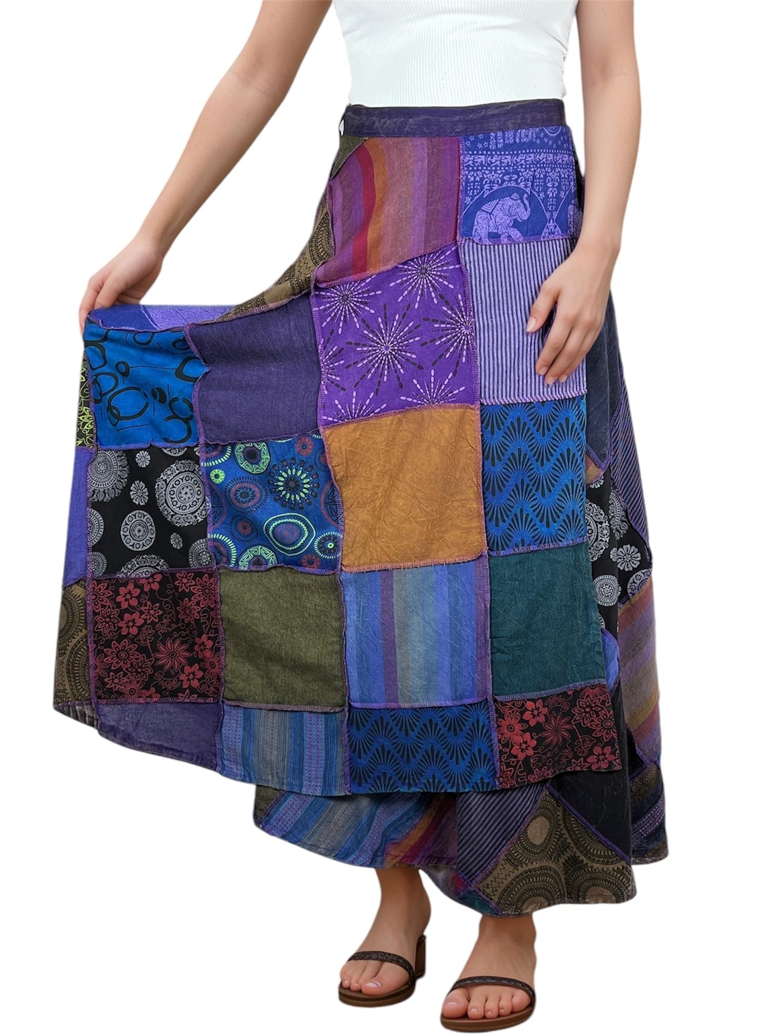 **Agan Traders Women's 2025 Spring & Fall Boho Maxi Skirt – High Waisted Long Skirt with Patchwork & Tie-Up Design – Perfect for Beach, Festival, and Casual Wear**