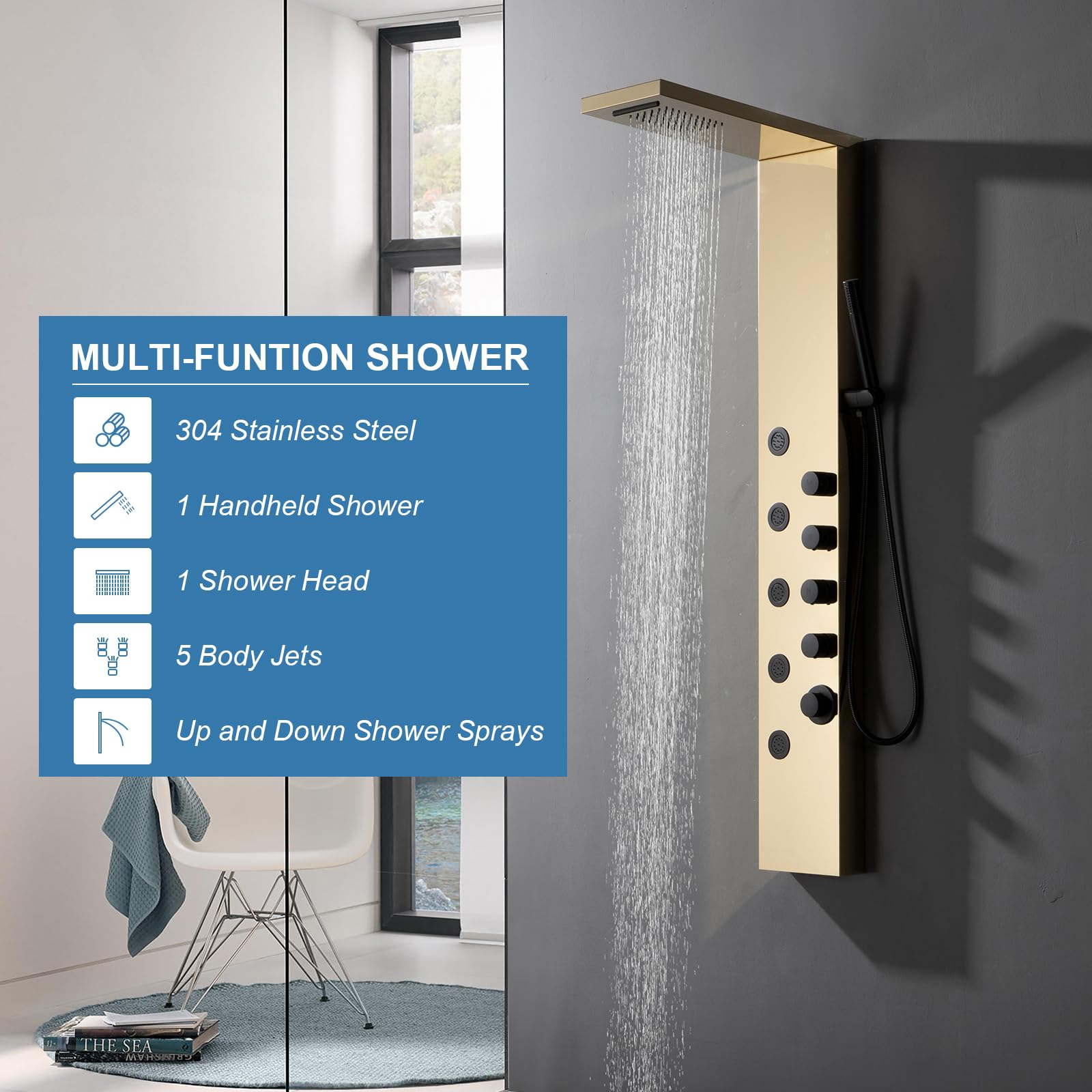 Premium Stainless Steel Rainfall Shower Panel Tower with 5 Adjustable Body Jets - Wall Mounted Waterfall Shower System in Polished Gold & Black - Perfect for Luxury Bathroom Spa Experience and Modern Home Renovation
