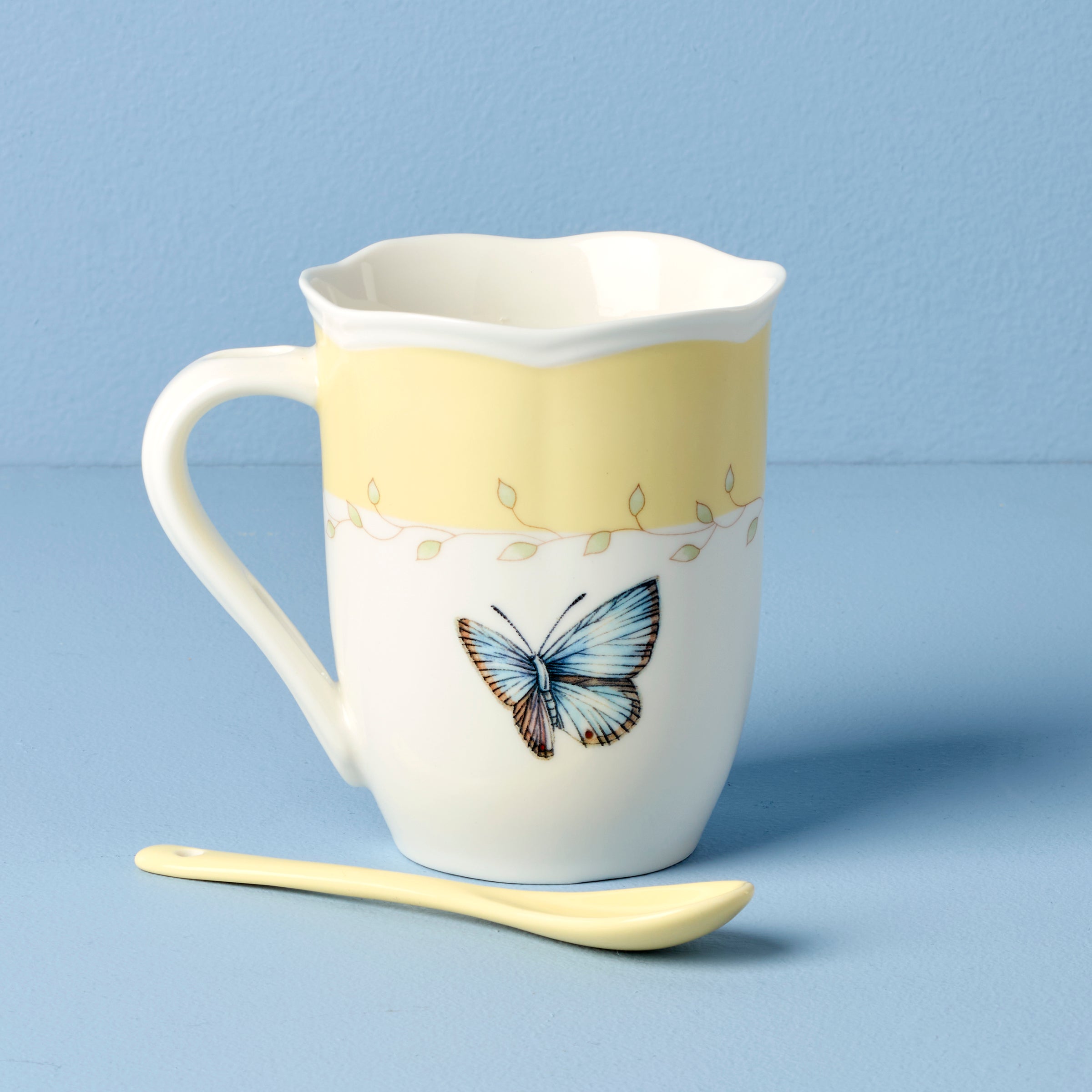 Butterfly Meadow Yellow Coffee Mugs with Spoons - Set of 2 Ceramic Cups for Tea, Hot Chocolate & Breakfast - Perfect for Home, Office & Gift Giving