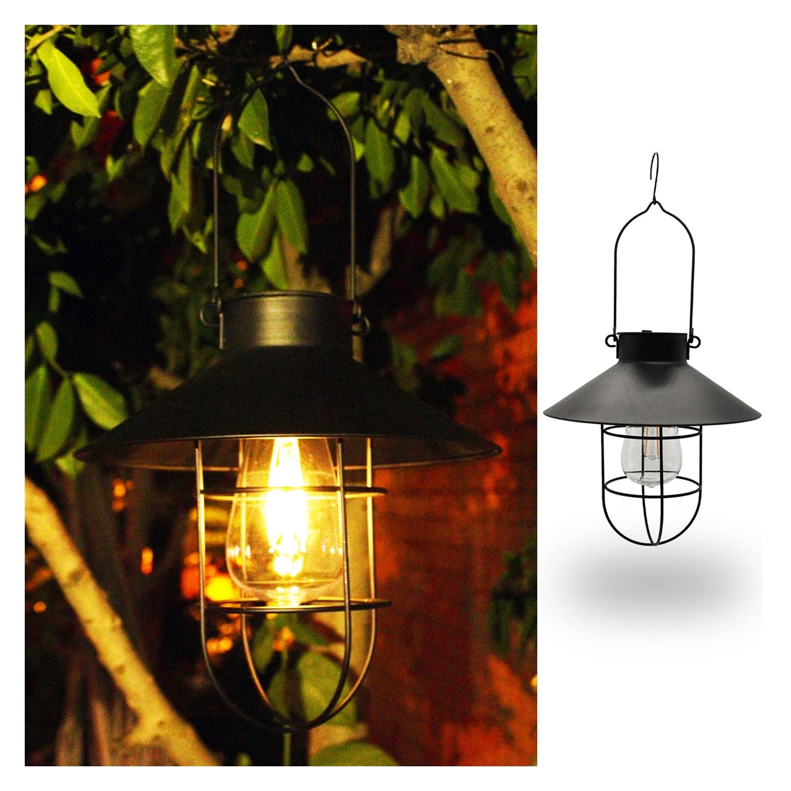 AGOUNOD Solar Powered LED Outdoor Lights - Waterproof Flickering Flame Hanging Lantern for Garden, Yard & Patio Decoration (Black) | Weather-Resistant Landscape Lighting for Backyard, Pathway & Camping