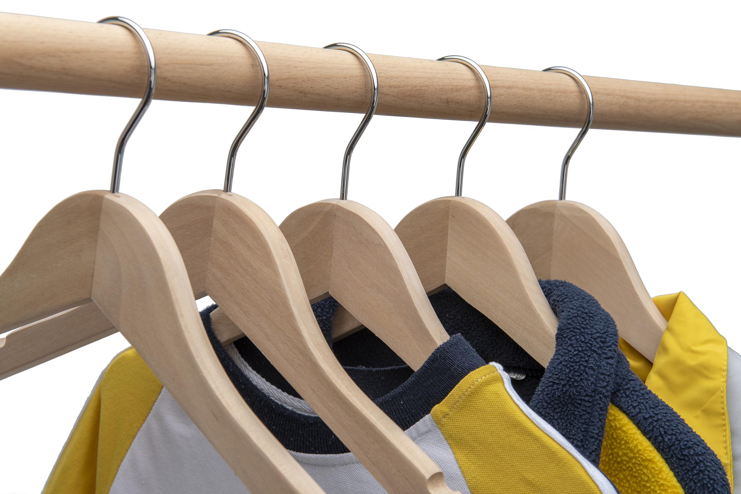 10 Pack Natural Wooden Kids Clothes Hangers with Notch Design & Anti-Rust Chrome Hooks - Baby Toddler Shirt Coat Hangers for Nursery Closet Organization (HL02N) - Perfect for Children's Wardrobe, Baby Closet Storage and Gift Giving