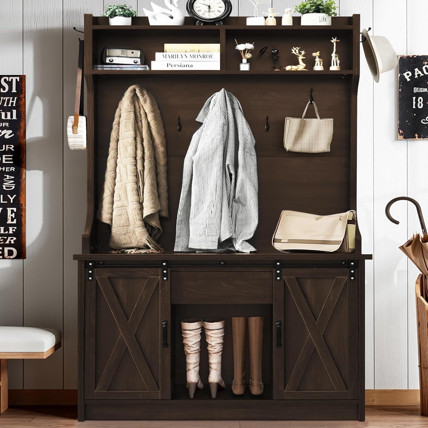 Farmhouse Hall Tree with Storage - Entryway Bench with 2 Sliding Barn Doors, Coat Rack & Shoe Organizer - Rustic Tall Hallway Furniture for Living Room, Foyer & Mudroom - Perfect for Home Entry Organization & Winter Gear Storage