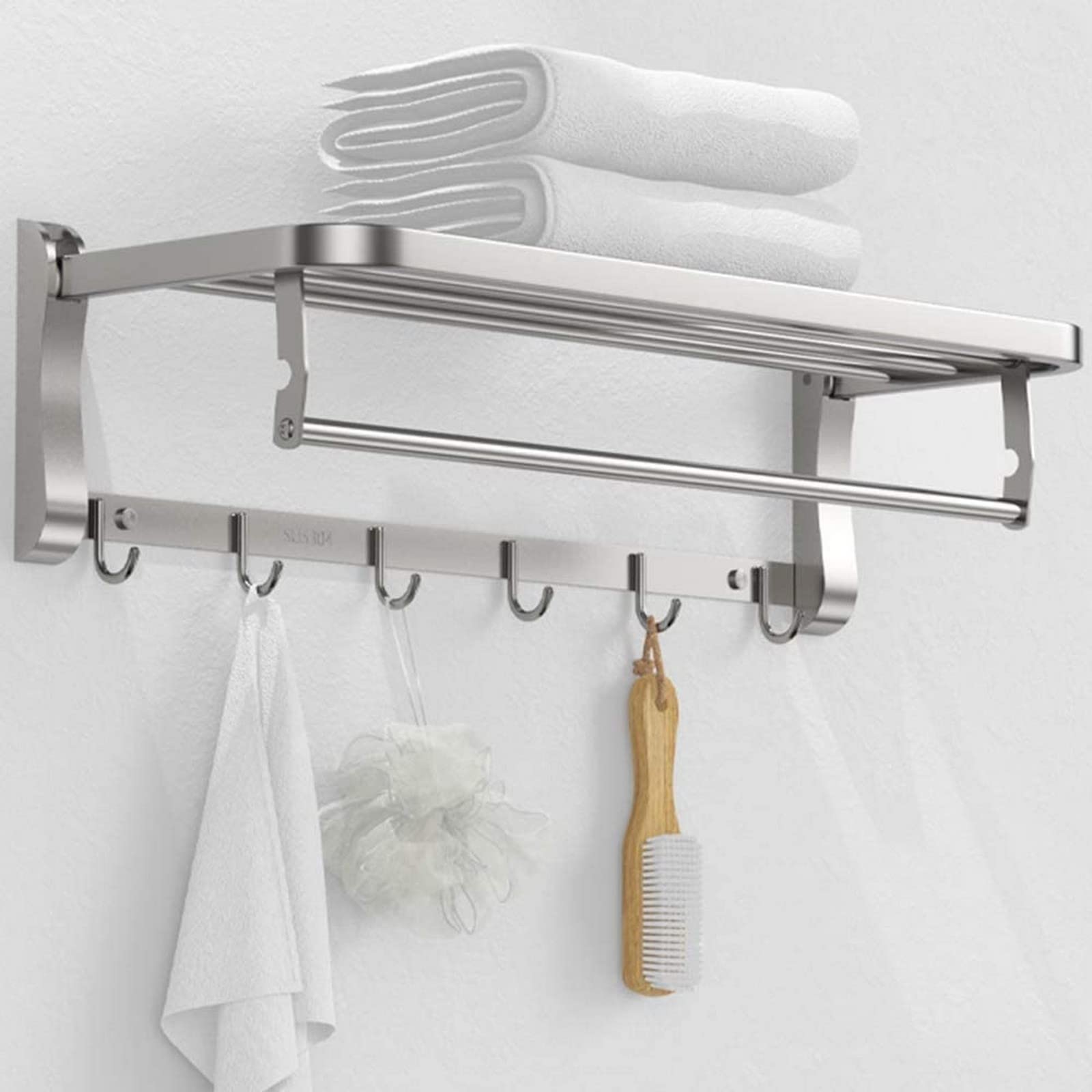 Stainless Steel Foldable Wall Mounted Towel Rack with 6 Hooks - Double Towel Holder & Shelf for Bathroom, Kitchen, Laundry Room - 80cm Silver Towel Rail for Space Saving Organization