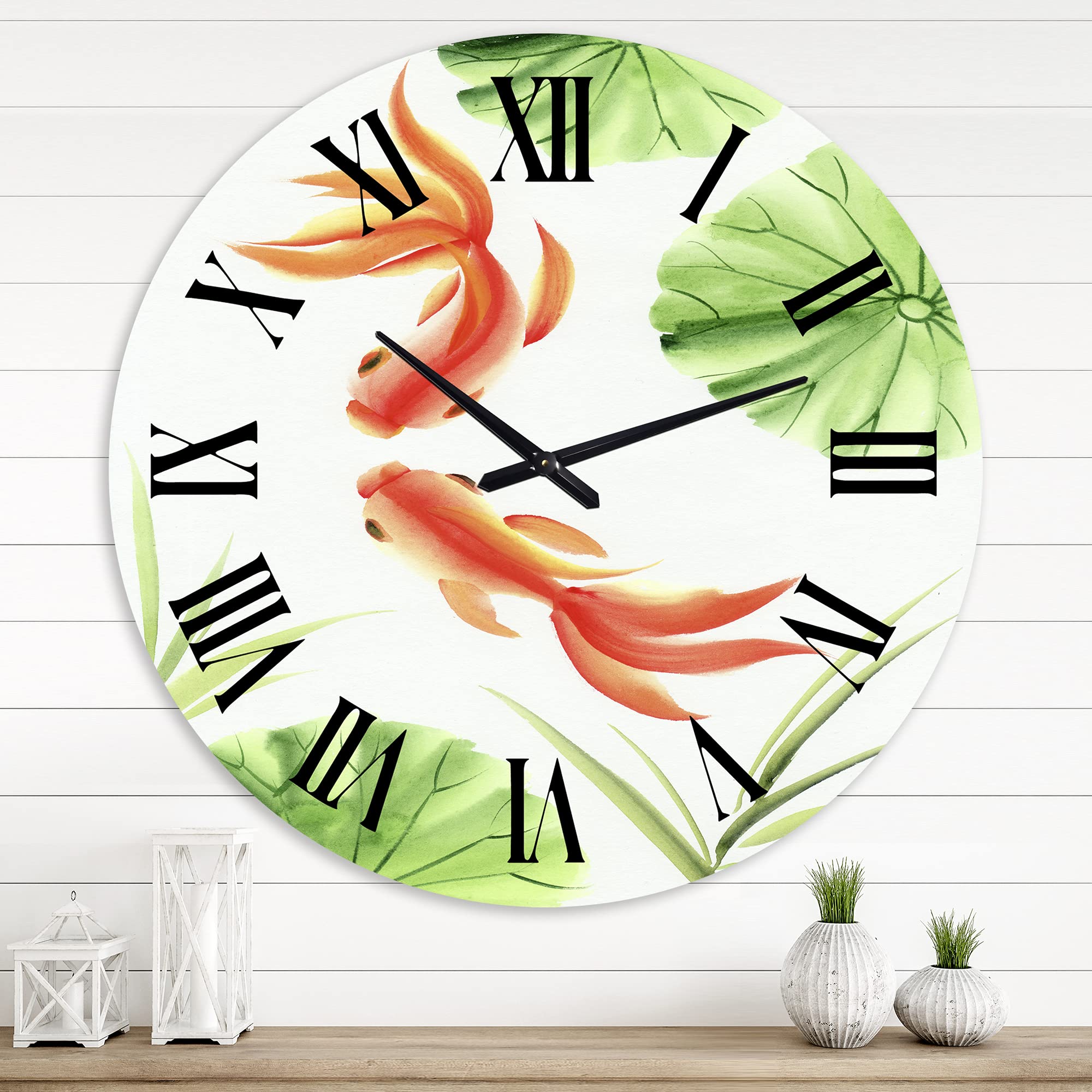 DesignQ Nautical Coastal Wall Clock - Goldfish Among Lotus Leaves Large Decorative Clock for Home, Office & Beach House Decor | Perfect for Living Room, Bedroom & Coastal-Themed Spaces
