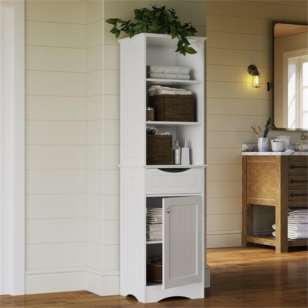 RiverRidge White Ashland Freestanding Bathroom Storage Cabinet with 3 Open Shelves & Drawer - Perfect for Organizing Towels, Toiletries & Bathroom Essentials in Small Spaces