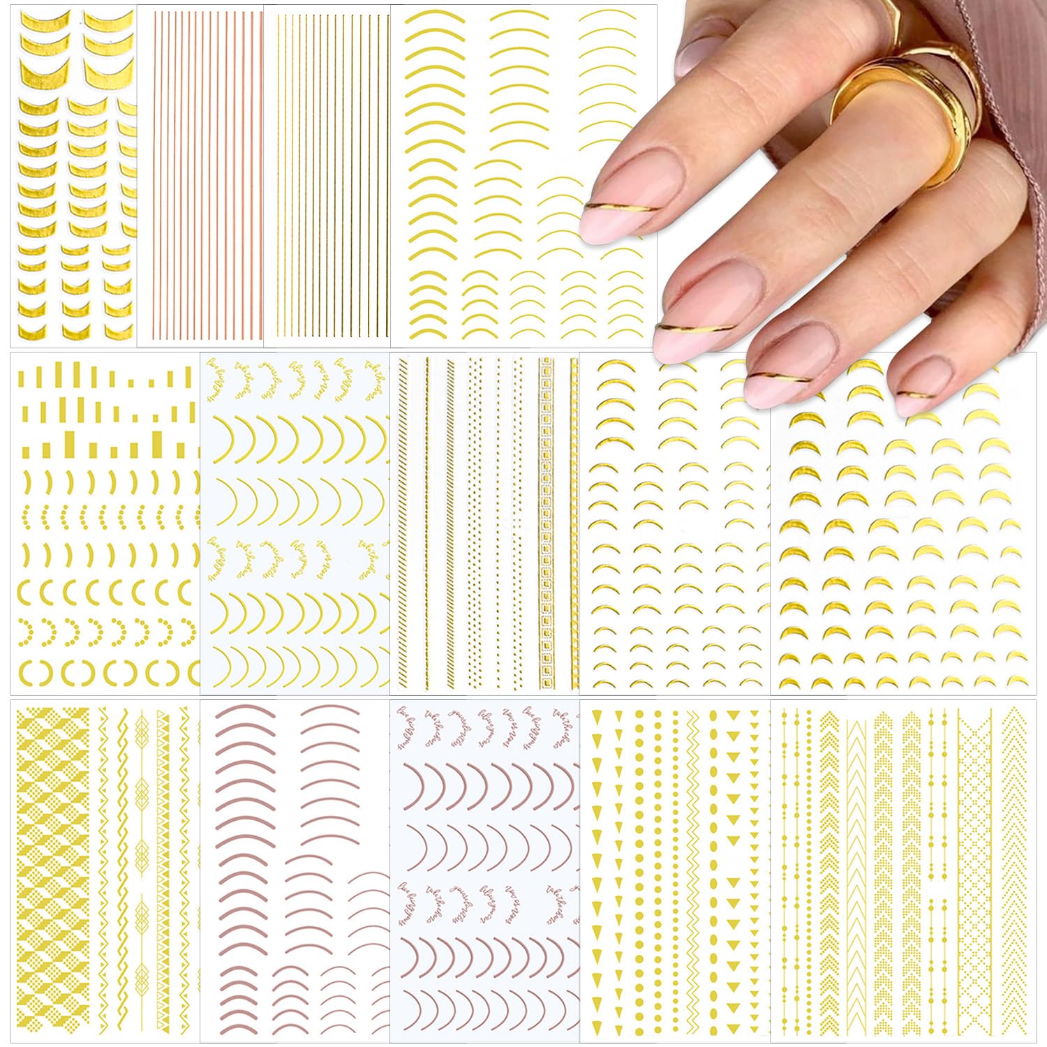 SILPECWEE 14 Sheets Gold Nail Stickers - French Line Metallic Curve Strip Nail Decals, Self-Adhesive Nail Art Stickers for Women & Kids, 3D Nail Design Decorations - Perfect for Parties, Weddings, and Special Occasions