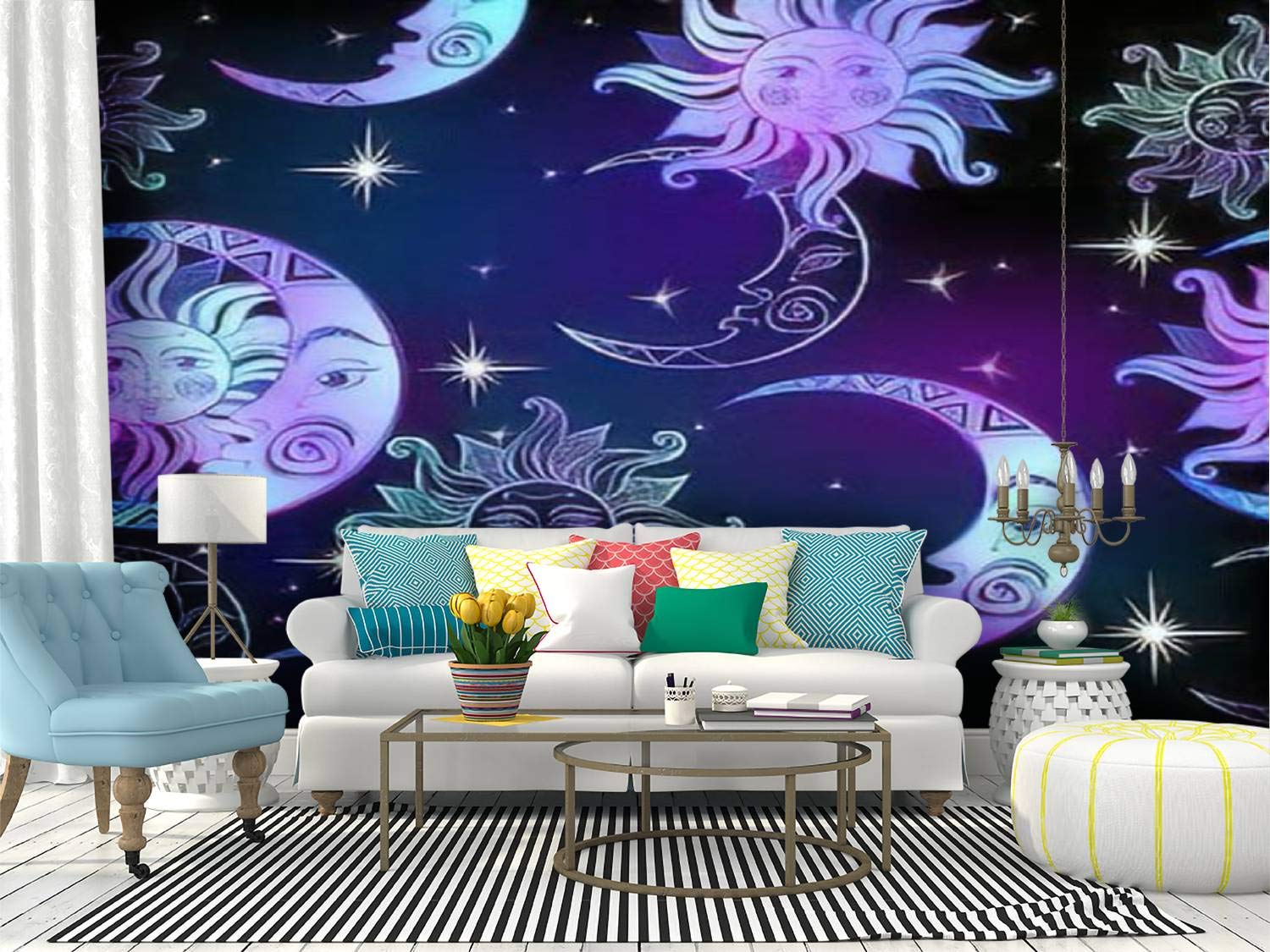 Self-Adhesive Space Wall Mural - Sun Moon Stars Night Sky Peel & Stick Wallpaper | Large Removable Vinyl Film Roll for Home Decor, Nursery, Bedroom & Living Room Wall Covering