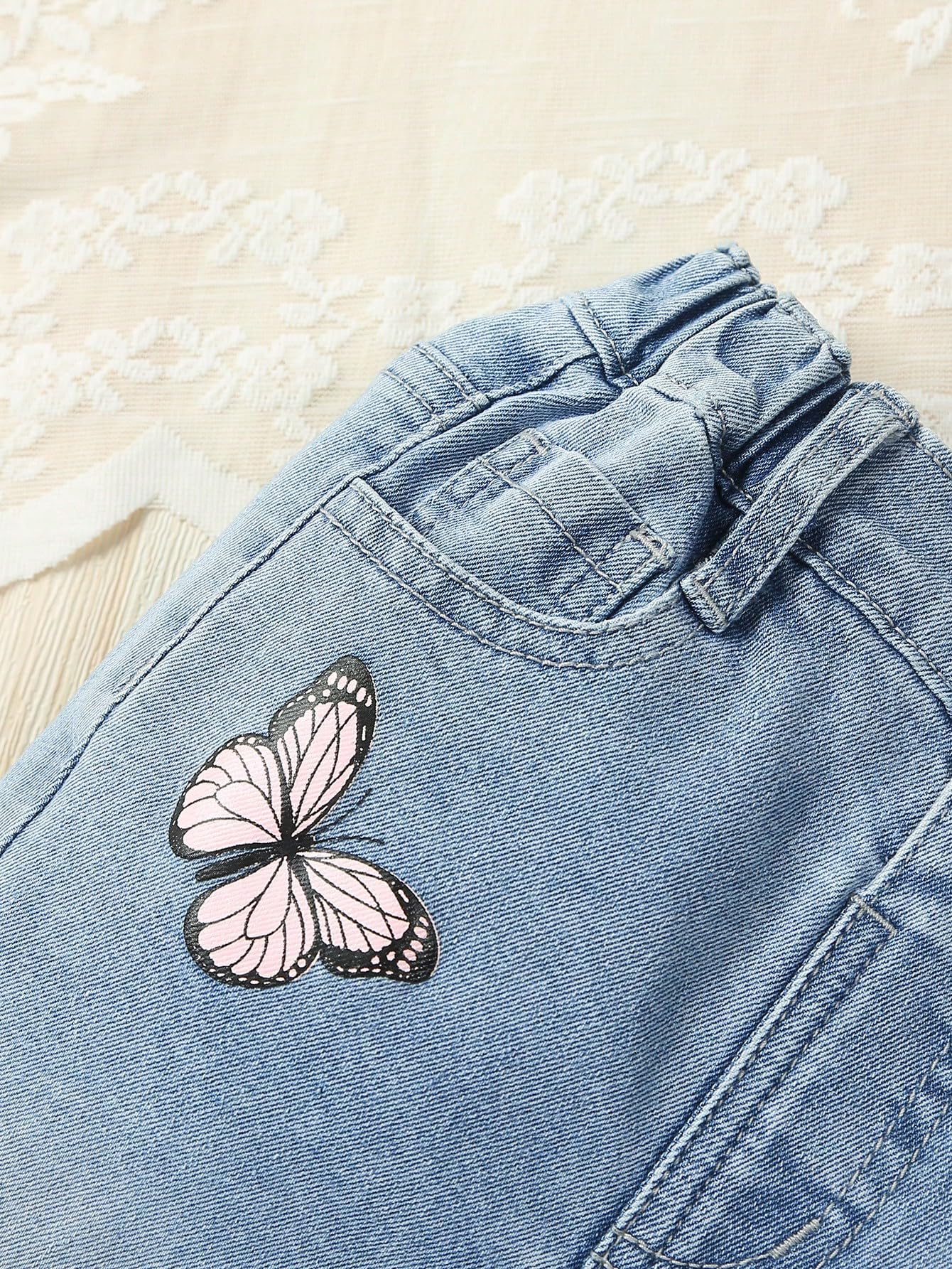 Floerns Girls' Butterfly Print High Waist Ripped Raw Hem Flare Leg Jeans - Trendy Denim Pants for Teens, Casual Outfits & School Wear