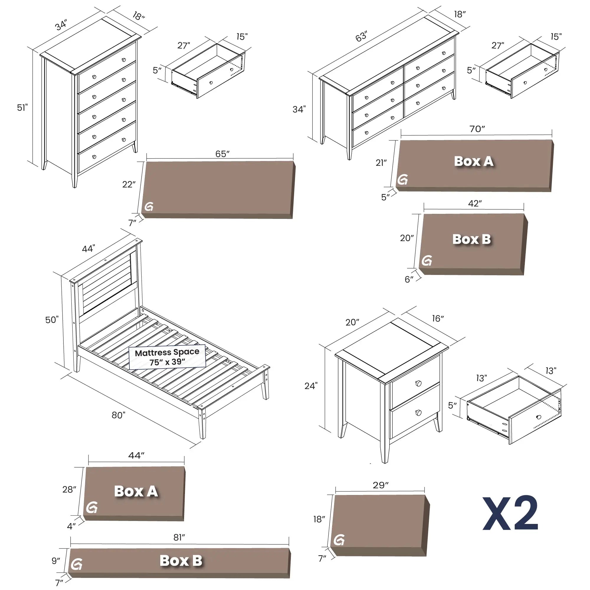 Greenport 5-Piece Bedroom Set - Queen Size Bed Frame, Nightstand, Dresser & Mirror - Modern Farmhouse Furniture for Master Bedroom or Guest Room
