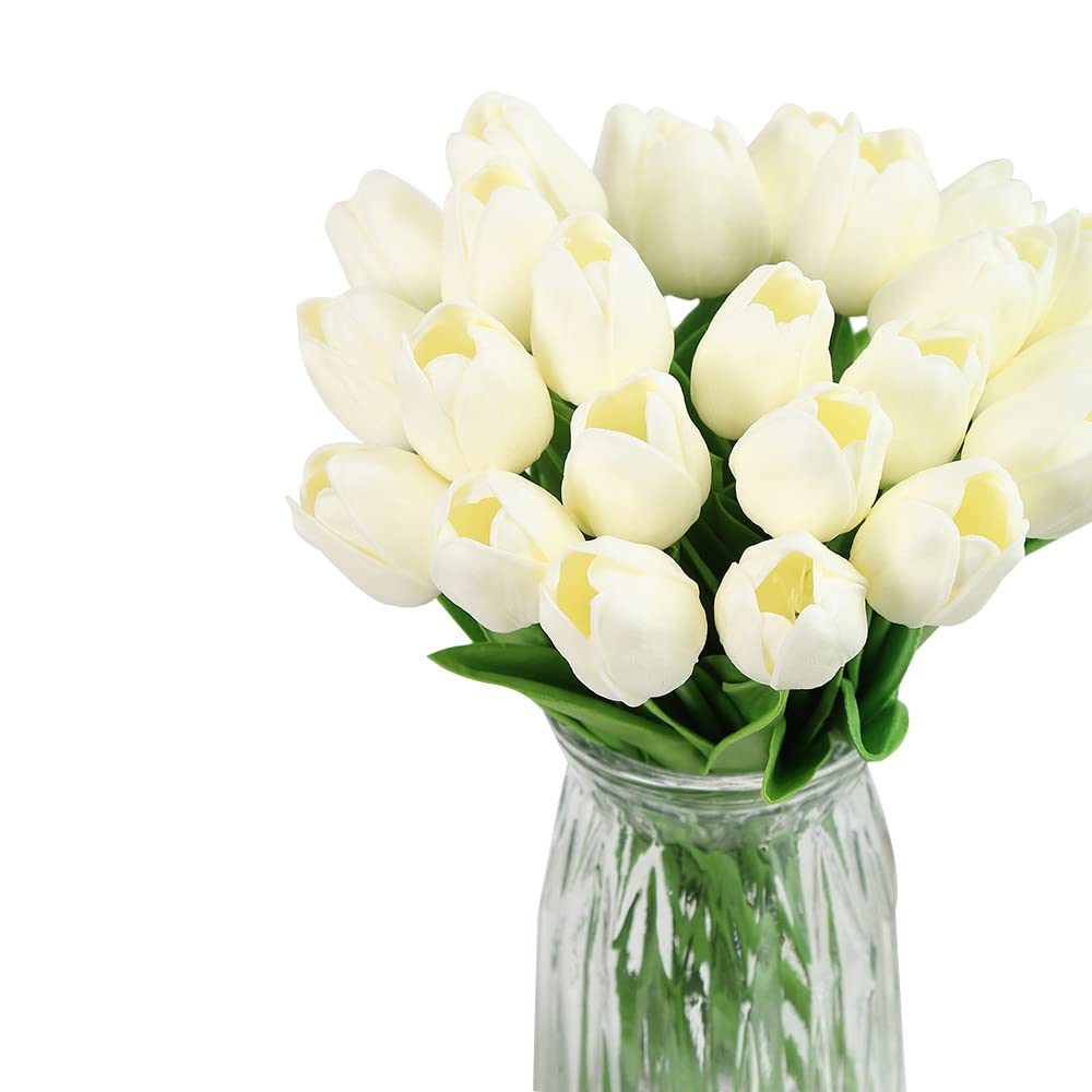 24PCS IPOPU Real Touch Artificial Tulips Flowers - Cream Faux Tulip Decor for Home, Table Centerpieces, Baby Shower & Wedding Arrangements | Lifelike Fake Flowers for Vase, DIY Crafts & Seasonal Decor (Off White)