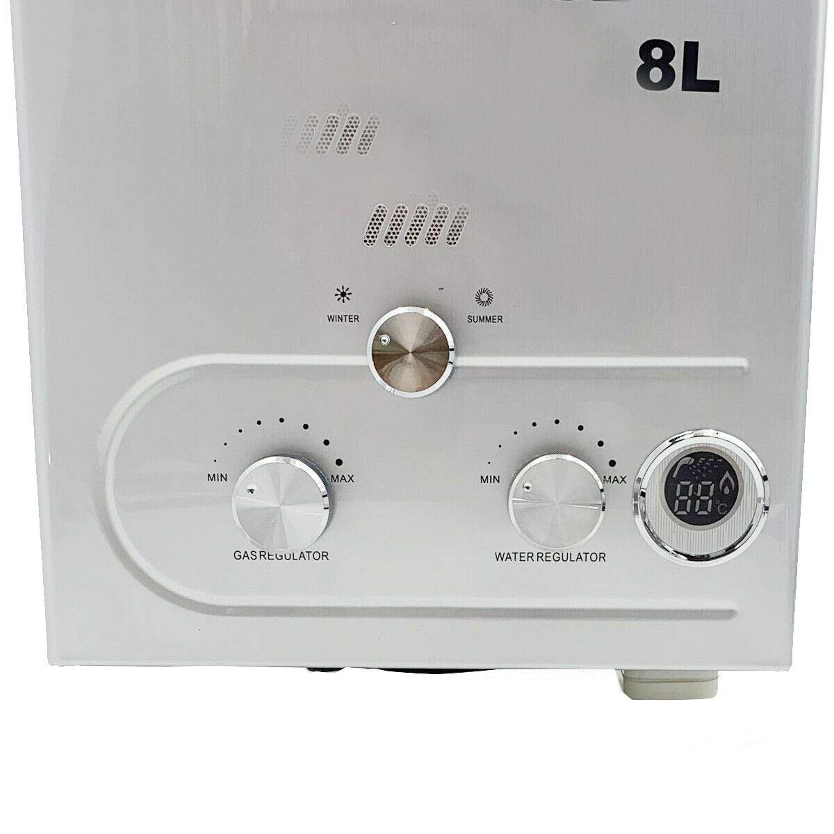 Portable 8L 16KW Propane Gas Tankless Water Heater for Camping & Outdoor Showers - Instant Hot Water On Demand - Perfect for RV, Hiking, Beach & Off-Grid Living (Silver)