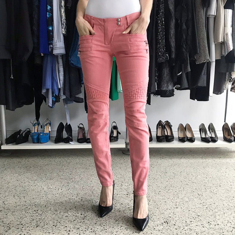 Balmain Pink Biker Denim Skinny Low Rise Motorcycle Jeans for Women - Size 38 - Trendy Distressed Stretch Denim Pants for Casual Wear & Night Out