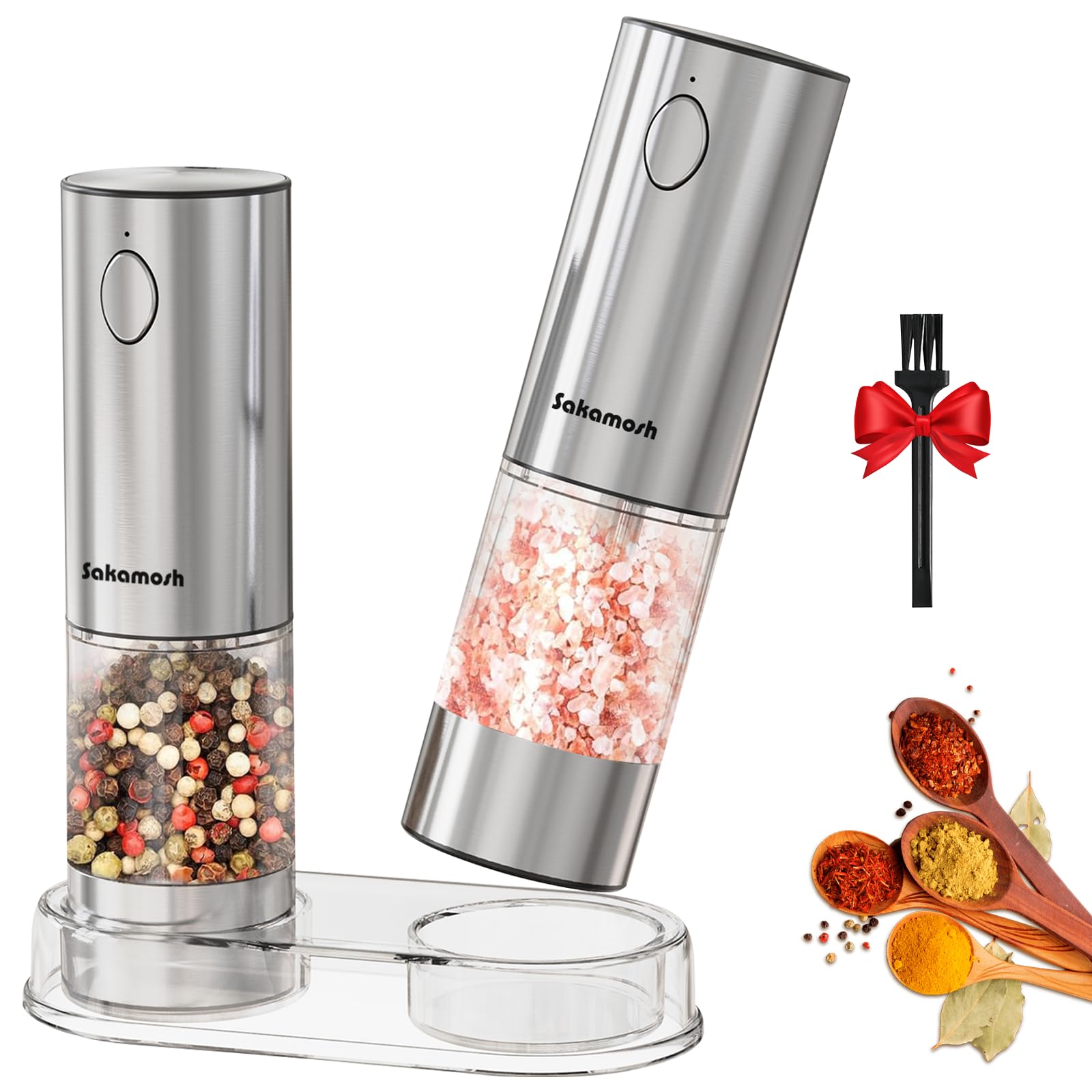 Premium Rechargeable Electric Salt and Pepper Grinder Set - Adjustable Coarseness with LED Light, Stainless Steel Refillable Spice Mill (2 Pack) - Perfect for Kitchen, Dining Table, Camping & Gifts