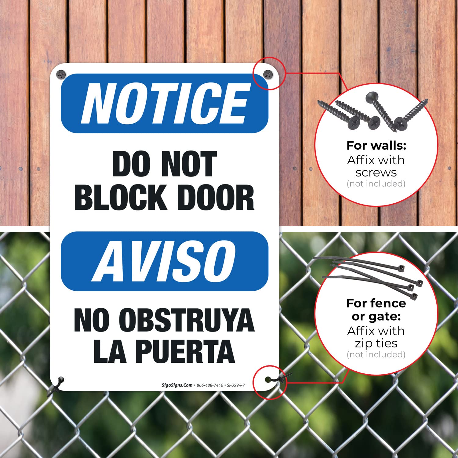 Bilingual 'Do Not Block Door' OSHA Notice Sign - 10x7 Inches, Rust-Free .040 Aluminum, Fade Resistant for Indoor & Outdoor Use - Made in USA | Perfect for Offices, Warehouses, and Public Safety Areas