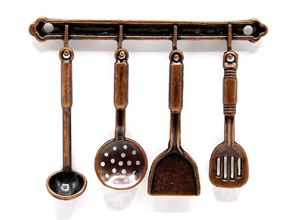 Melody Jane 1:12 Scale Miniature Dollhouse Kitchen Accessories - Bronze Hanging Utensil Set with Rack for Dolls Houses | Perfect for Collectors, DIY Miniature Scenes & Dollhouse Decor