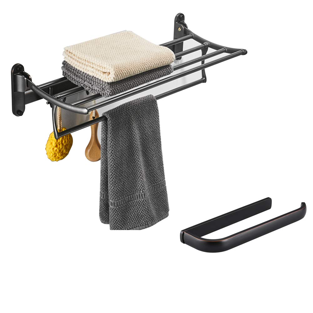BESy Oil Rubbed Bronze Brass Hand Towel Bar - Foldable Towel Rack with Shelf & Hooks for Bathroom, Kitchen, Spa - Rust-Resistant Bathroom Accessories for Home Decor