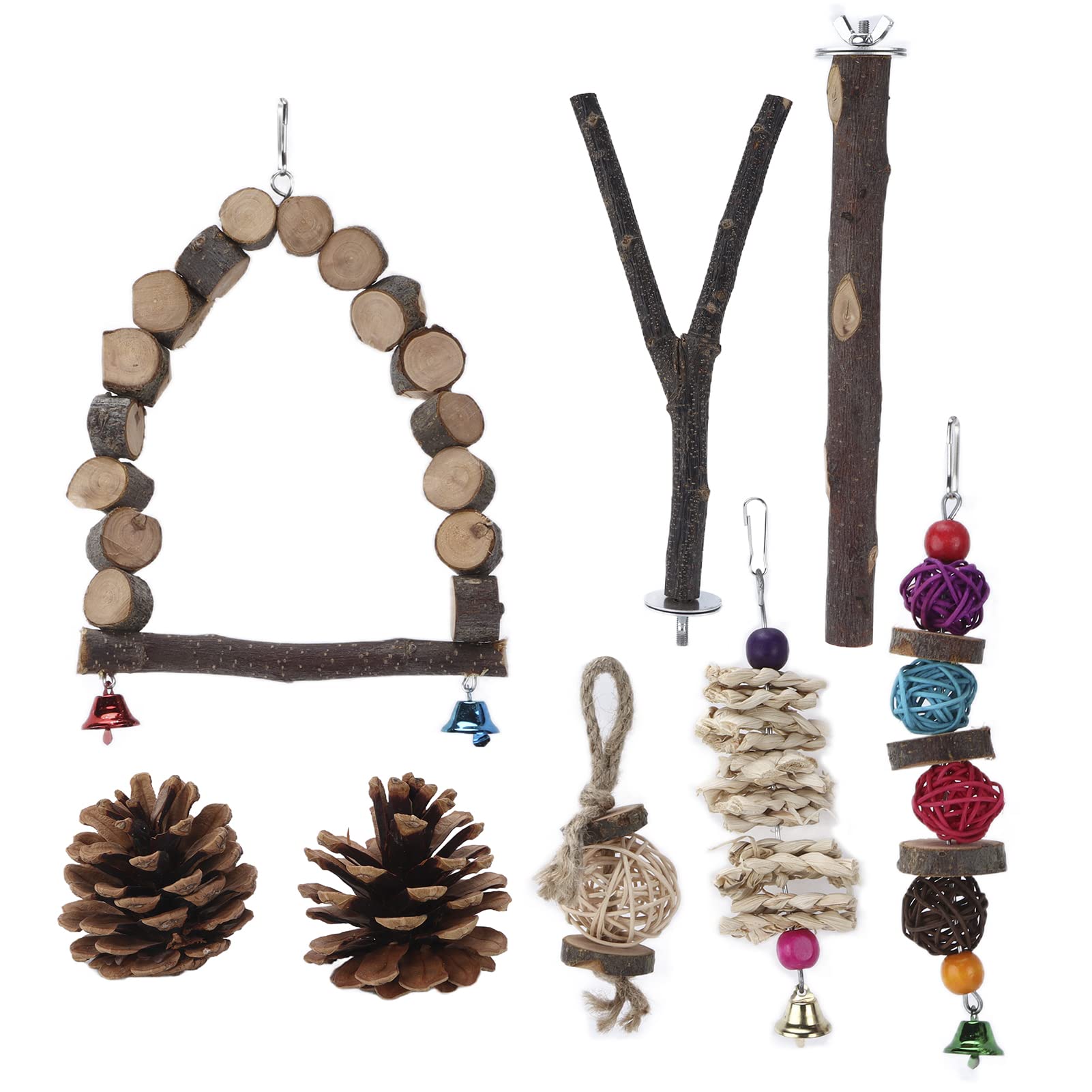 Colorful Wooden Parrot Swing Chewing Toy with Bell & Wood Beads - Hanging Hammock Perch for Small Birds - Parakeets, Conures, Lovebirds - Cage Accessories for Play & Relaxation