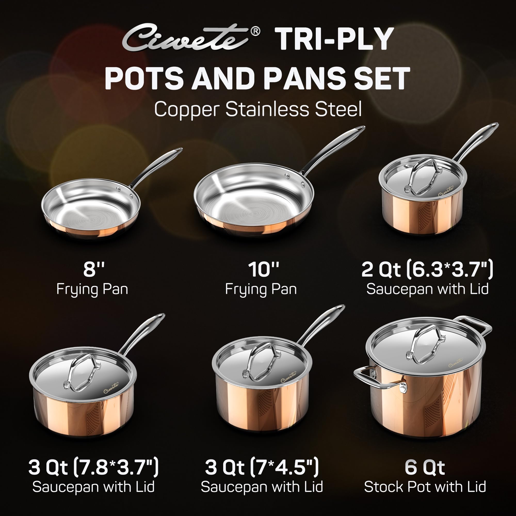 Premium 10-Piece Tri-Ply 18/10 Stainless Steel Cookware Set with Copper Core - Induction Compatible Pots & Pans Set Includes Stock Pot, Saucepan, Frying Pan with Stainless Steel Lids - Professional Kitchen Cookware for Home Chefs, Restaurants & Gourmet Cooking