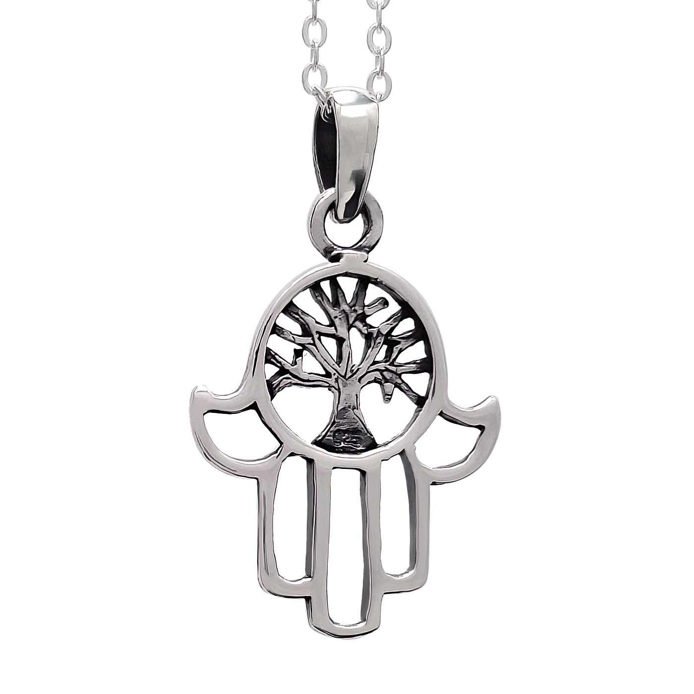 925 Sterling Silver Hamsa Hand & Tree of Life Pendant Necklace - Spiritual Jewelry for Protection & Good Luck - Perfect for Meditation, Yoga & Everyday Wear