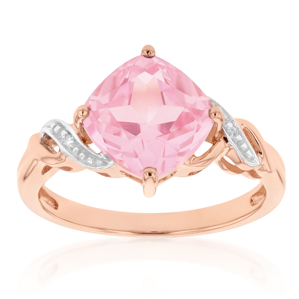 9ct Rose Gold Peach Sapphire and Diamond Cushion Cut Ring - Elegant Engagement, Anniversary or Gift Jewelry for Women