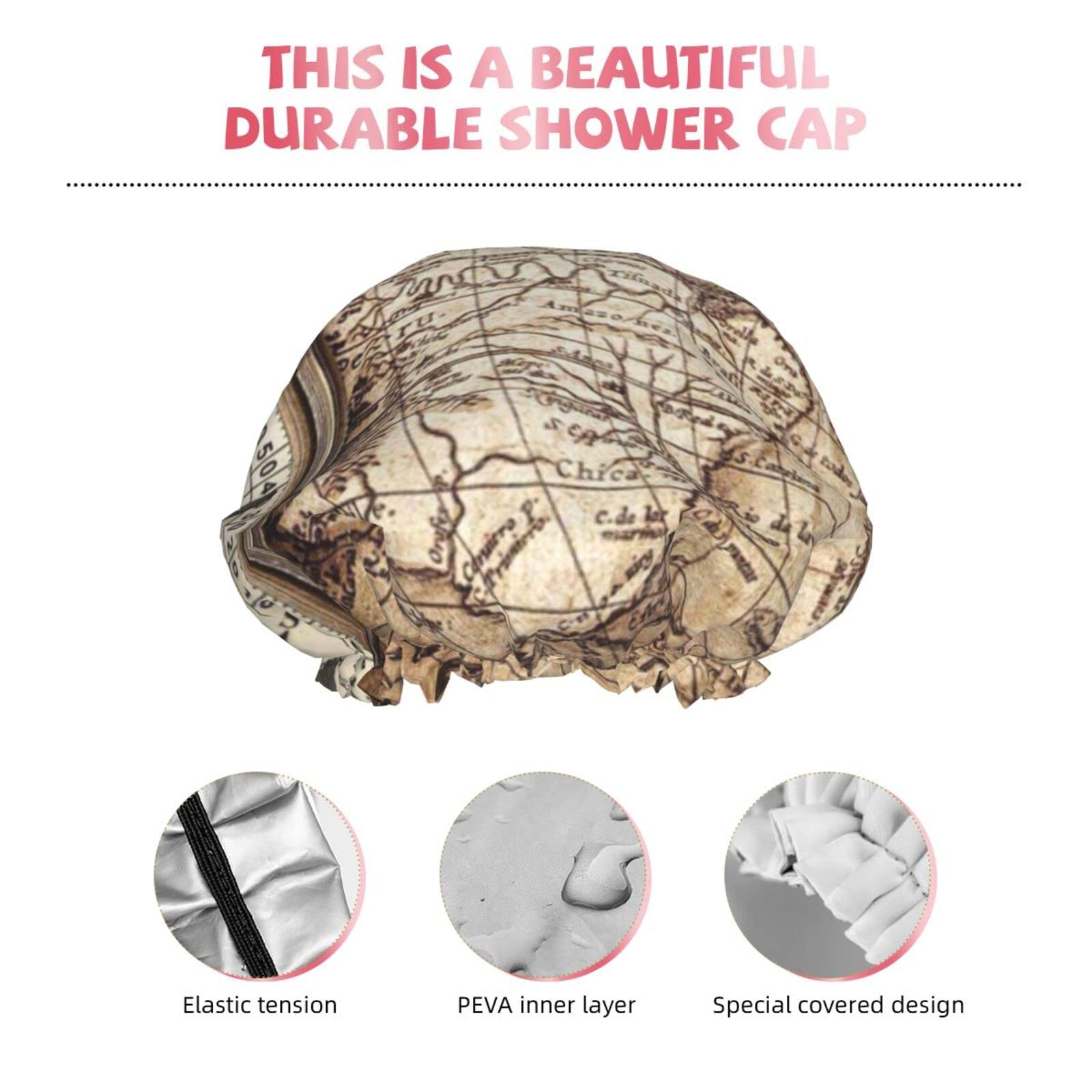 Waterproof Reusable Shower Cap for Women - Nautical Compass Map Design, Double Layer Bathing Hair Cap for Shower, Swimming & Spa - Perfect for Travel, Gym & Home Use