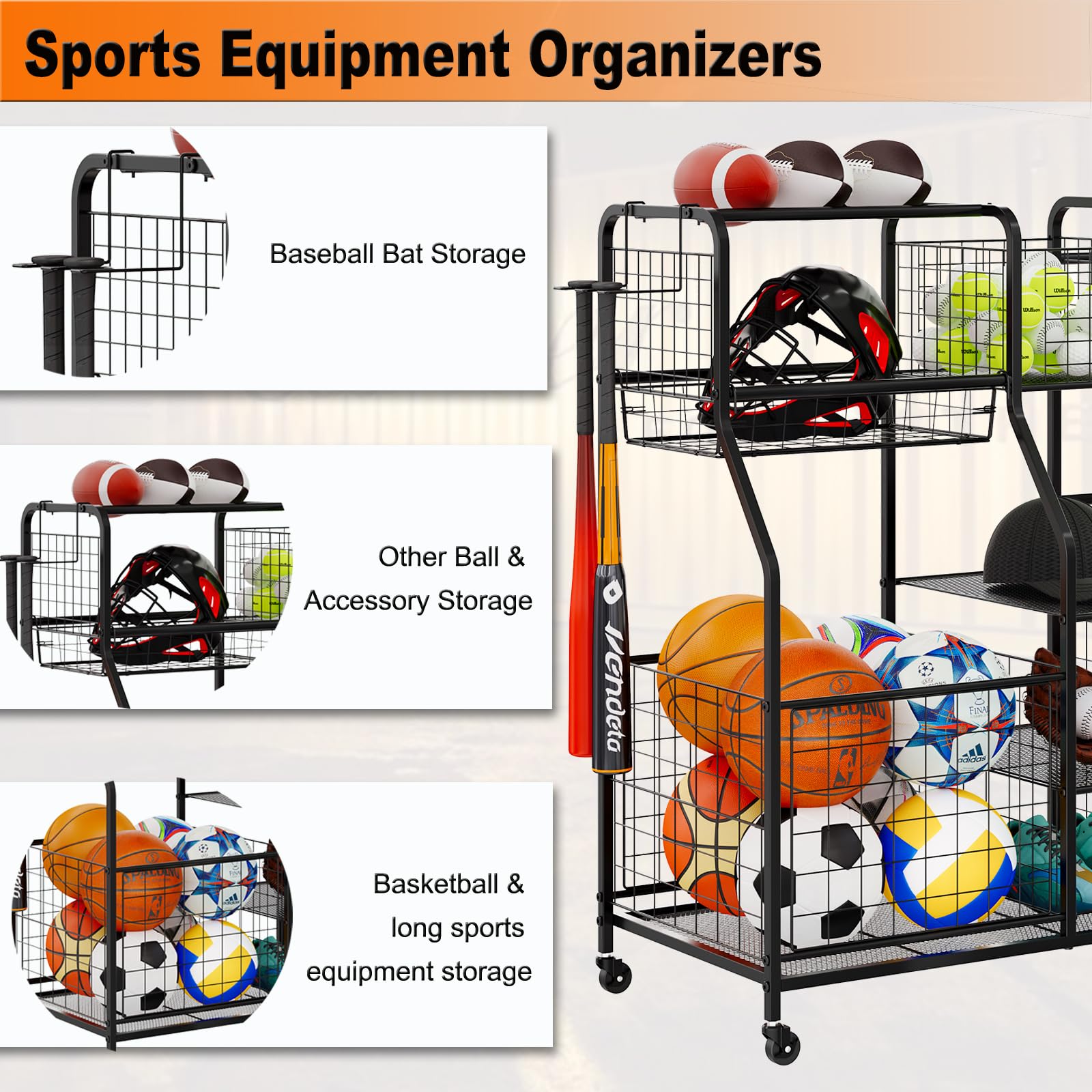 Garage Sports Equipment Organizer with Baskets & Hooks - 2 Golf Bag Holder, Outdoor Toy Storage & Ball Organizer for Garage - Perfect for Golf Clubs, Bikes, and Kids' Sports Gear Storage