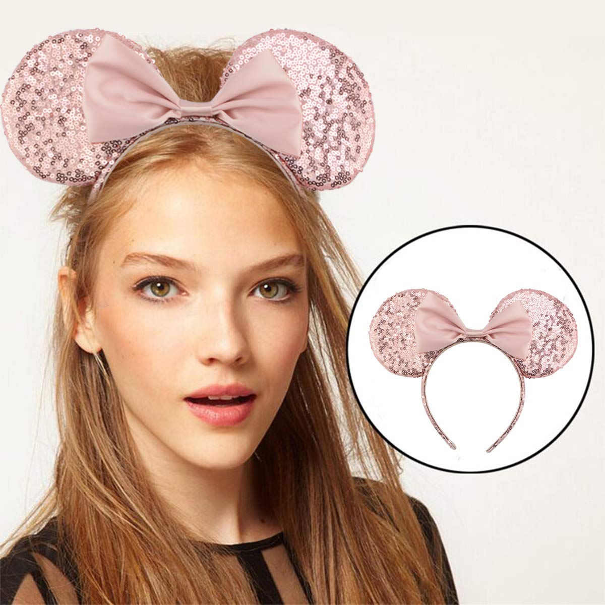 Sparkly Sequin Mouse Ears Bow Headband with Butterfly Design - Glitter Hair Accessories for Women & Girls (Champagne Gold) - Perfect for Disney Trips, Costume Parties & Birthday Celebrations