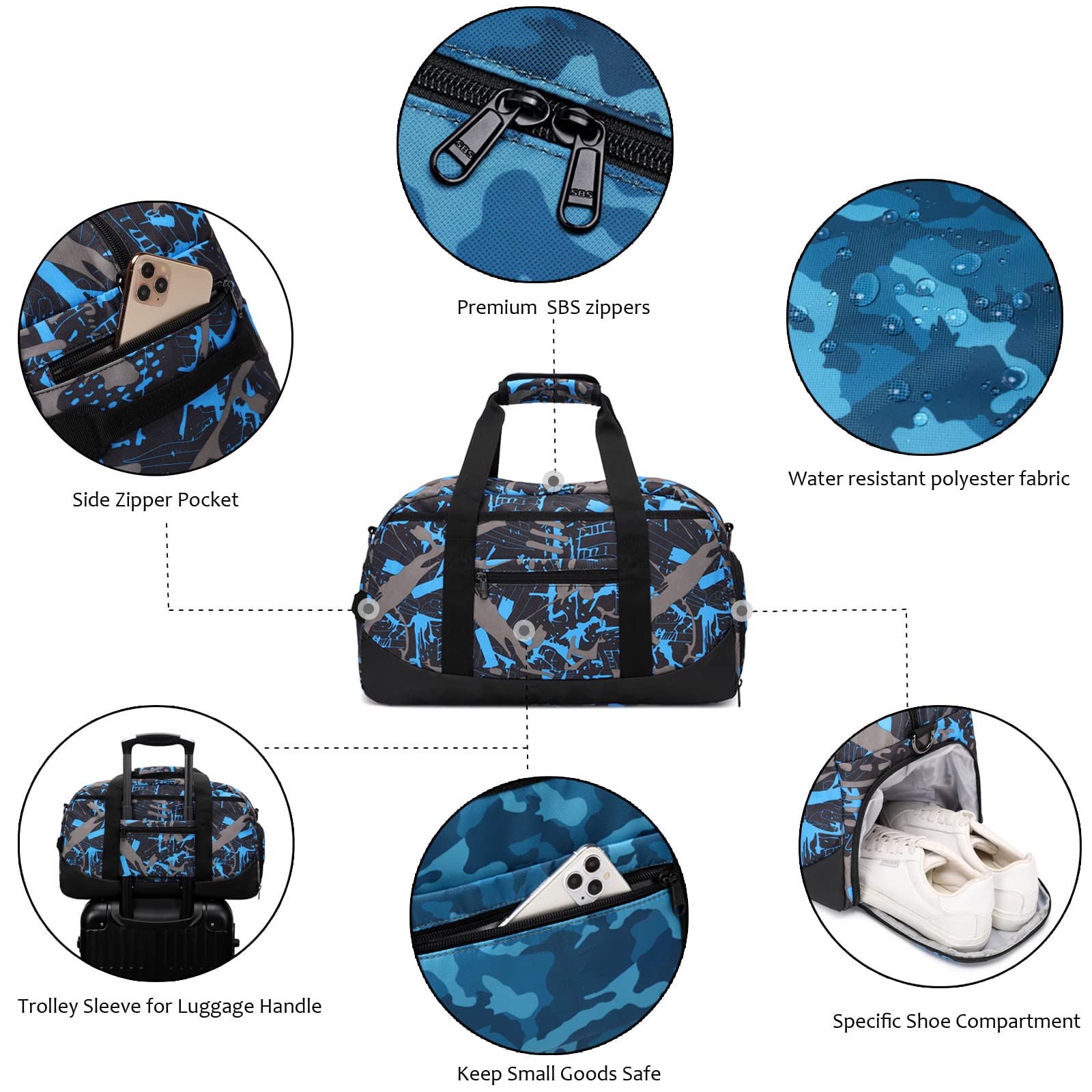 Octsky Sports Duffel Bag - Waterproof Gym Bag with Separate Shoe Compartment, Small Travel Overnight Bag for Men & Women, Weekender Bag for Gym, Workout, Travel & Sports (Blue Graffiti Design) - Perfect for Fitness Enthusiasts, Weekend Getaways & Business Trips