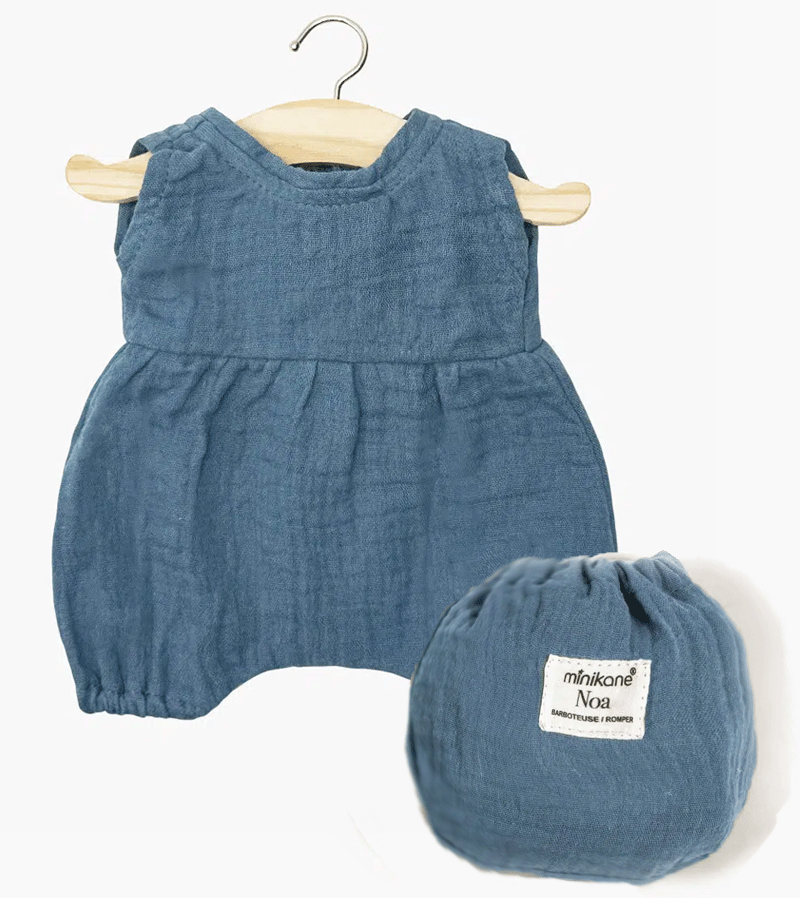 Minikane Blue Cotton Gauze Noa Romper with Pouch - Soft Baby Doll Outfit for Newborns & Toddlers | Perfect for Photo Shoots, Gift Giving & Everyday Play