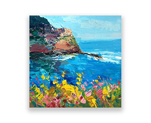 Manarola Cinque Terre Wall Art Prints - Italian Coastal Painting, Beach & Ocean Landscape Art, Floral Decor for Bedroom & Living Room - Perfect for Home, Office & Gift Giving