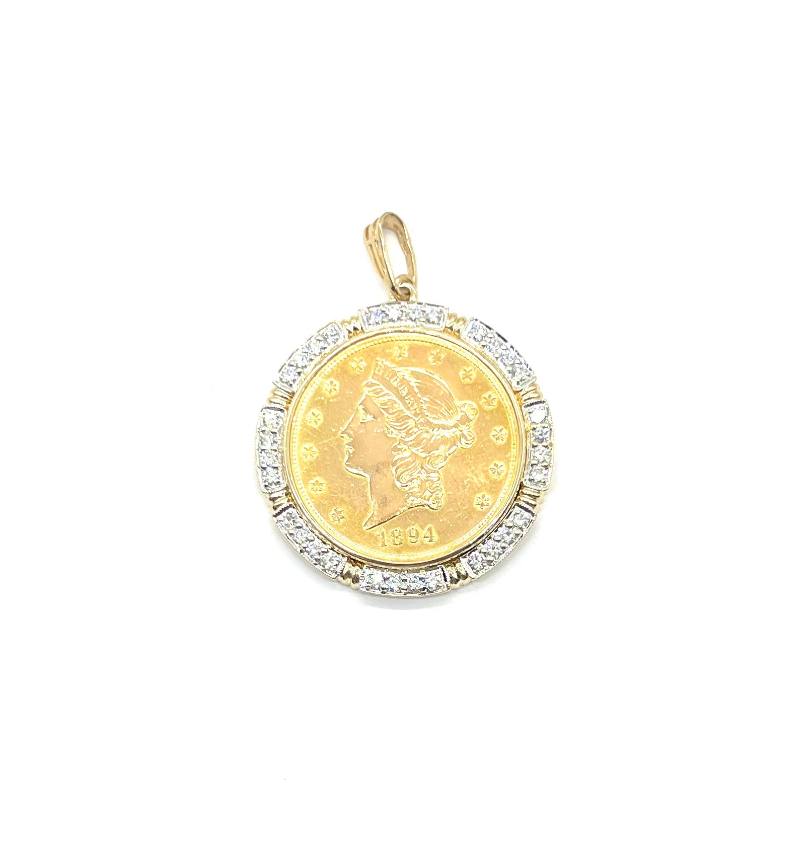 1894 $20 Gold Liberty Coin Pendant with 3 Carat Diamond Bezel - Vintage Jewelry for Collectors & Gift Giving