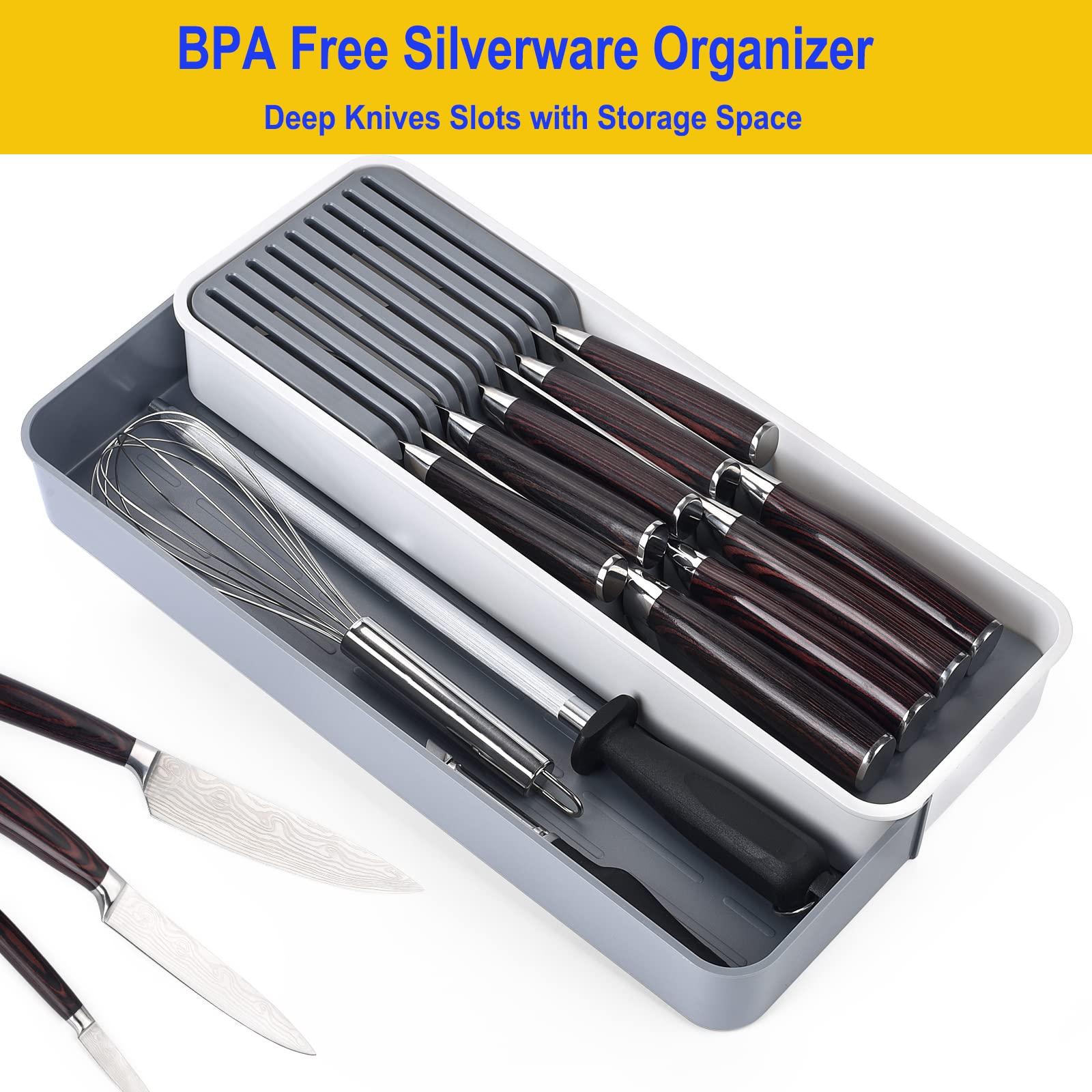 Expandable Drawer Organizer with Knife Block - Adjustable Cutlery Tray for Kitchen Utensils - Stackable Knife Holder with 9 Slots - DIY Drawer Storage Solution (1 Pack) - Perfect for Kitchen Organization and Space Saving